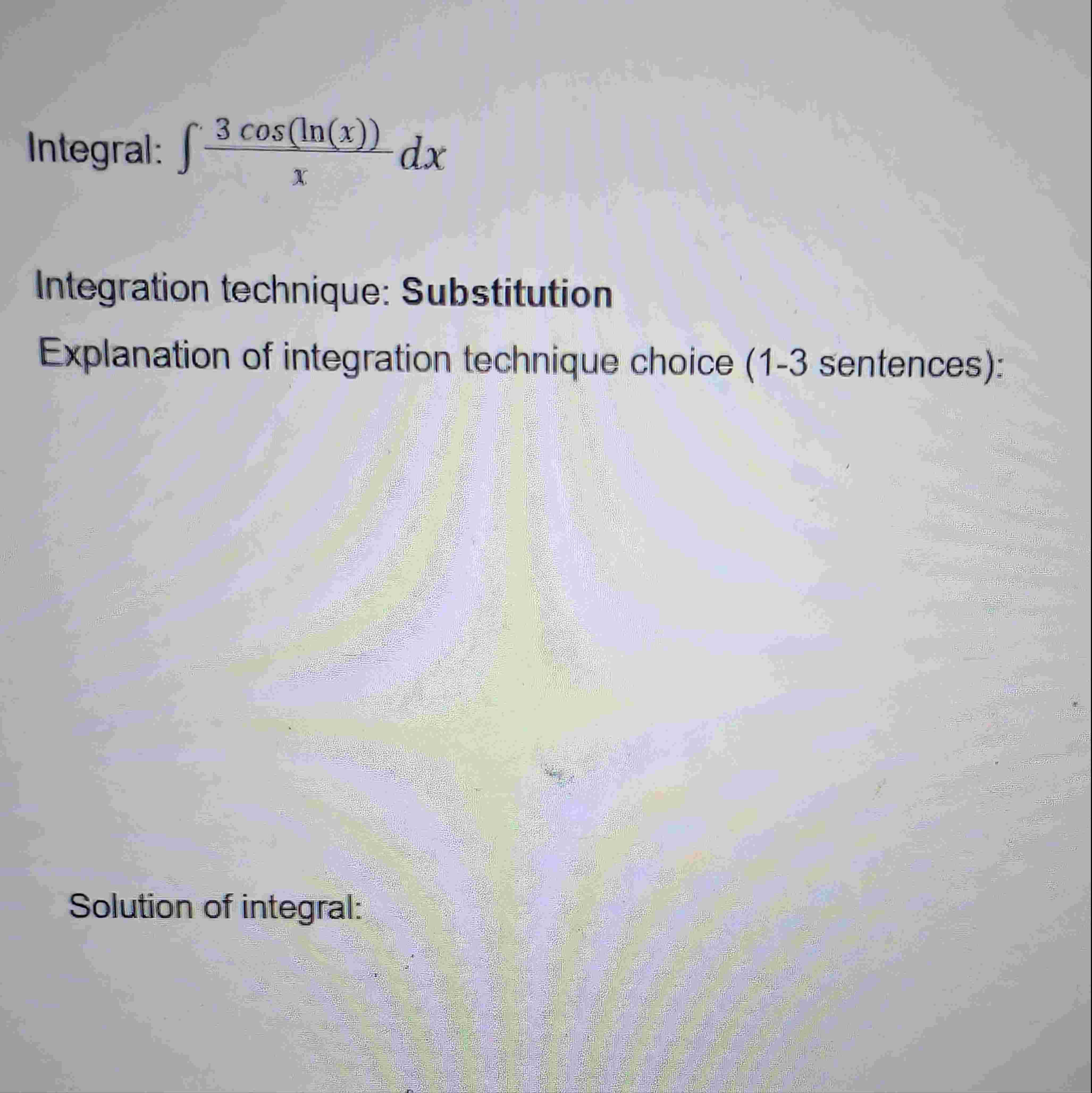 Integral: integrate ( 3 cos ( ln ( x ) ) ) / x dx