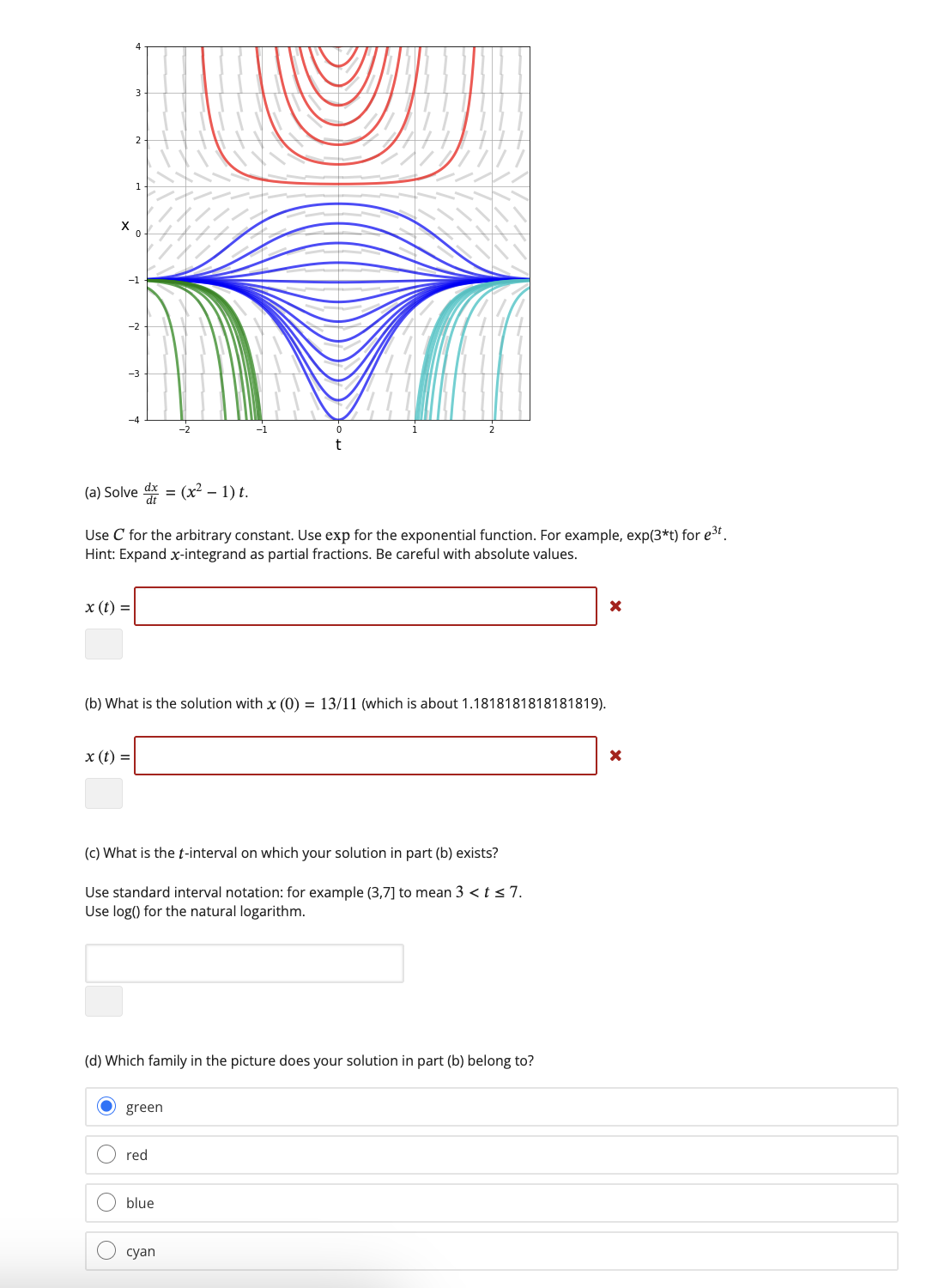 ( a ) Solve ( dx ) / ( dt ) = ( x ^ ( 2 ) - 1 ) t