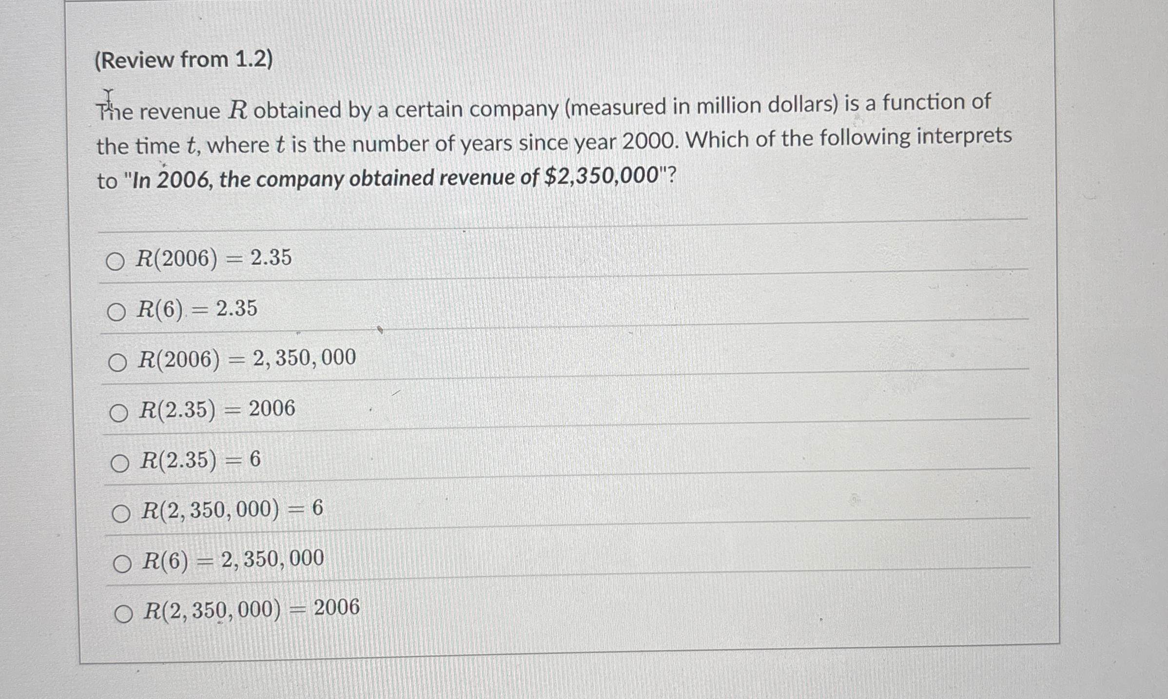 ( Review from 1 . 2 ) Ahe revenue R obtained by a