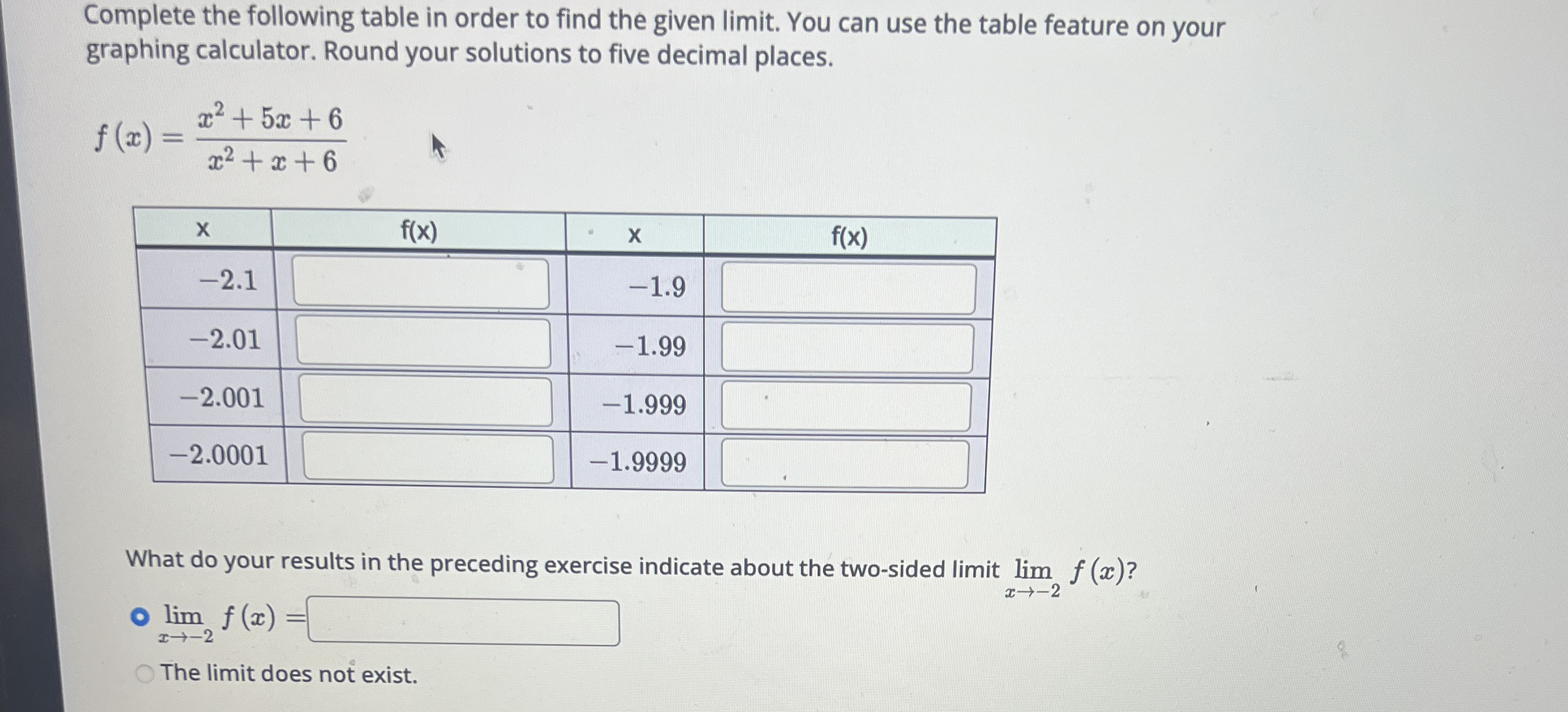 Complete the following table in order to find the