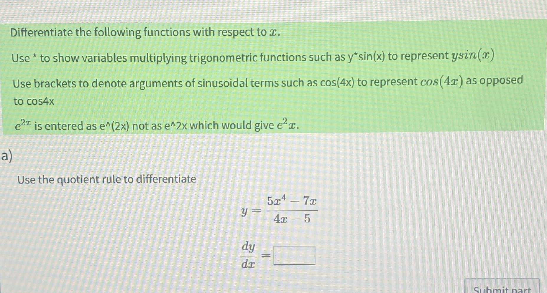 Differentiate the following functions with