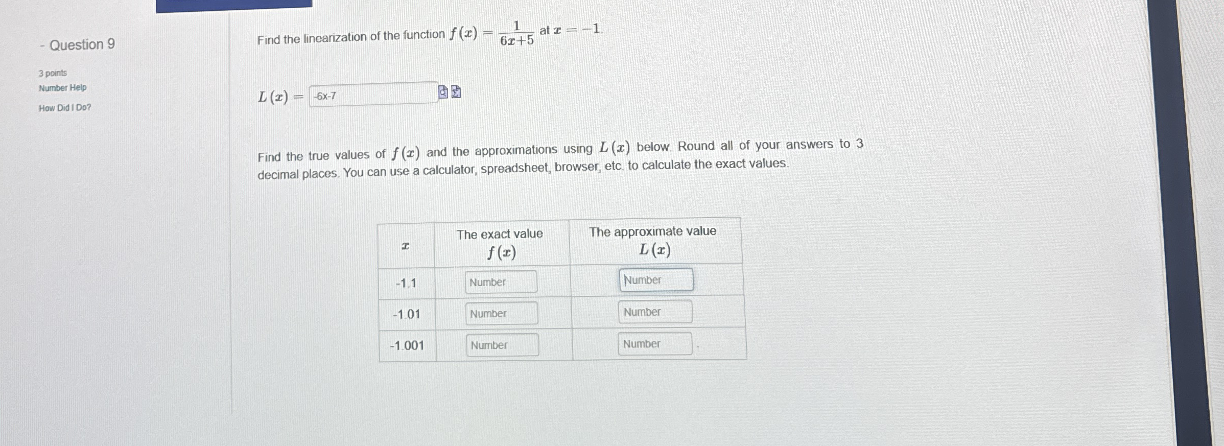 Question 9 3 points Number Help How Did I Do ?