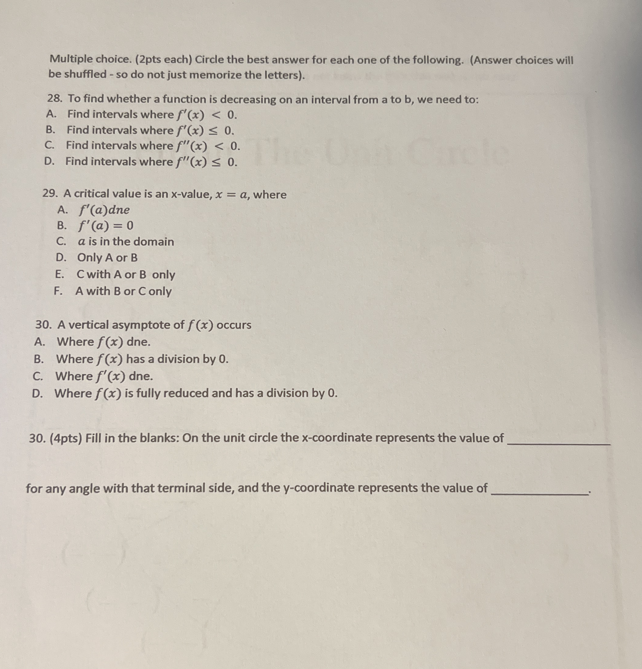Multiple choice. ( 2 pts each ) Circle the best