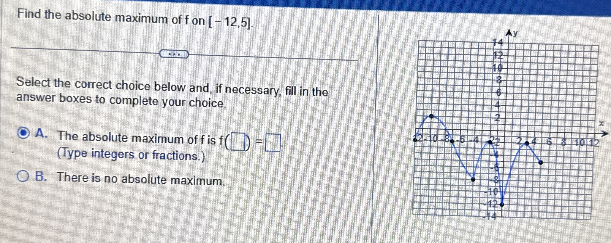 Find the absolute maximum of f on - 1 2 , 5 .