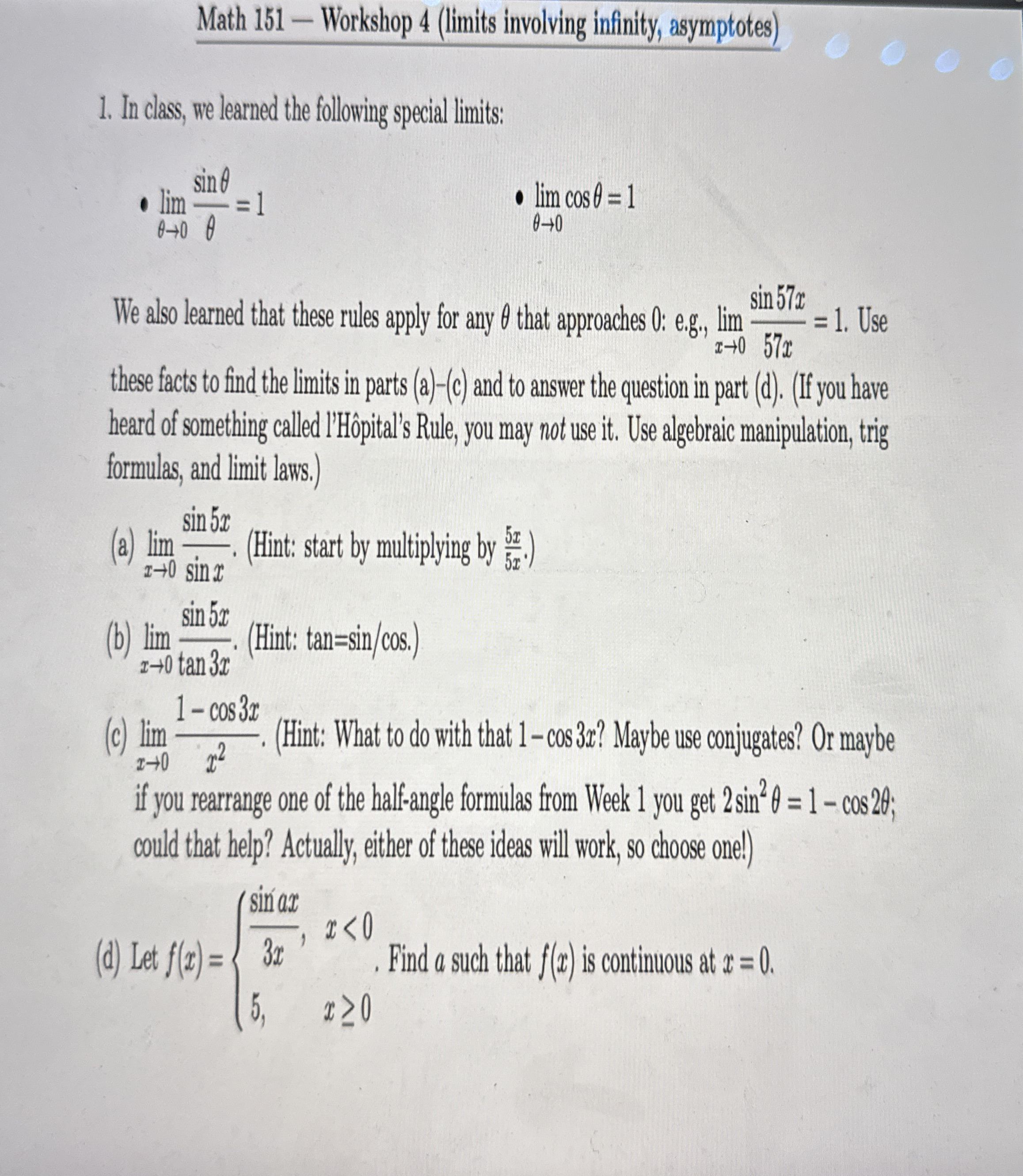 Math 1 5 1 - Workshop 4 ( limits involving