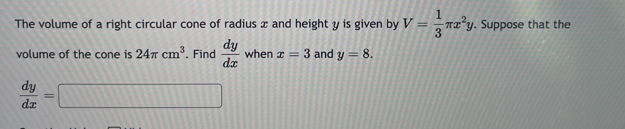 The volume of a right circular cone of radius x