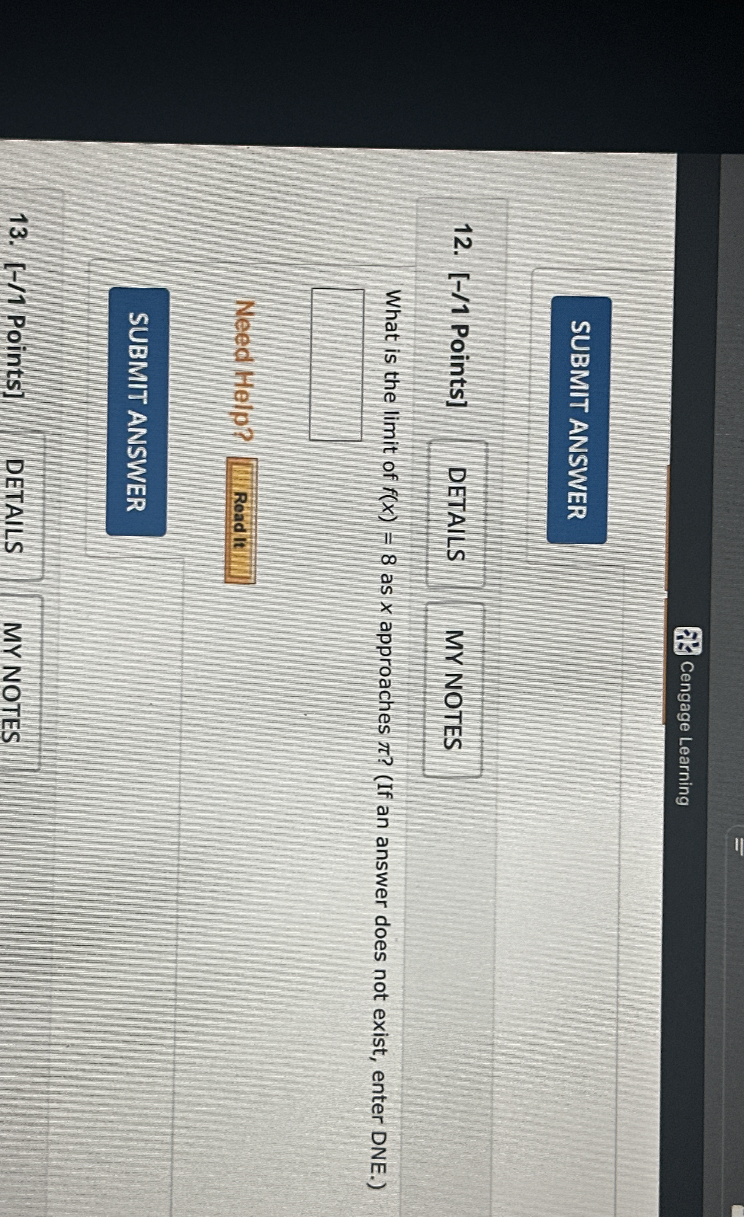Cengage Learning SUBMIT ANSWER 1 2 . [ - / 1