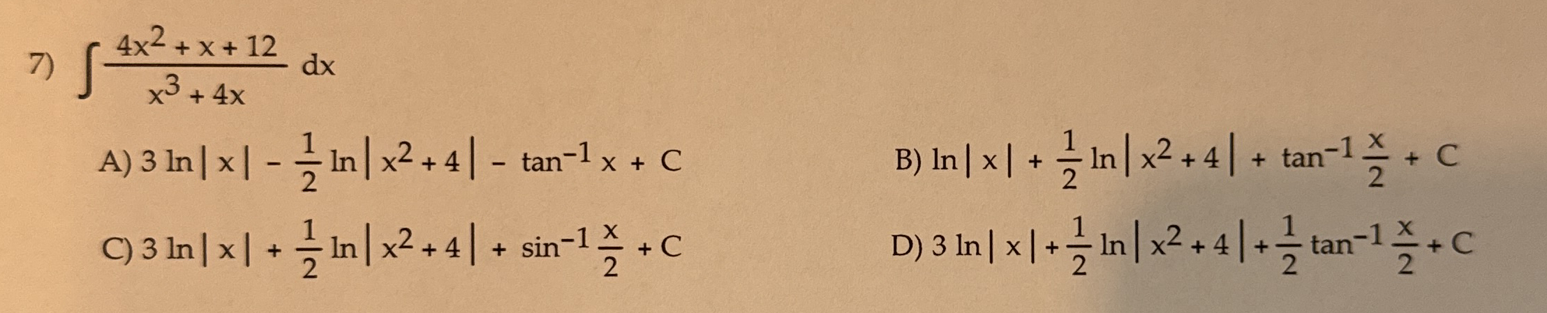 4 x 2 + x + 1 2 x 3 + 4 x d x A ) 3 l n | x | - 1