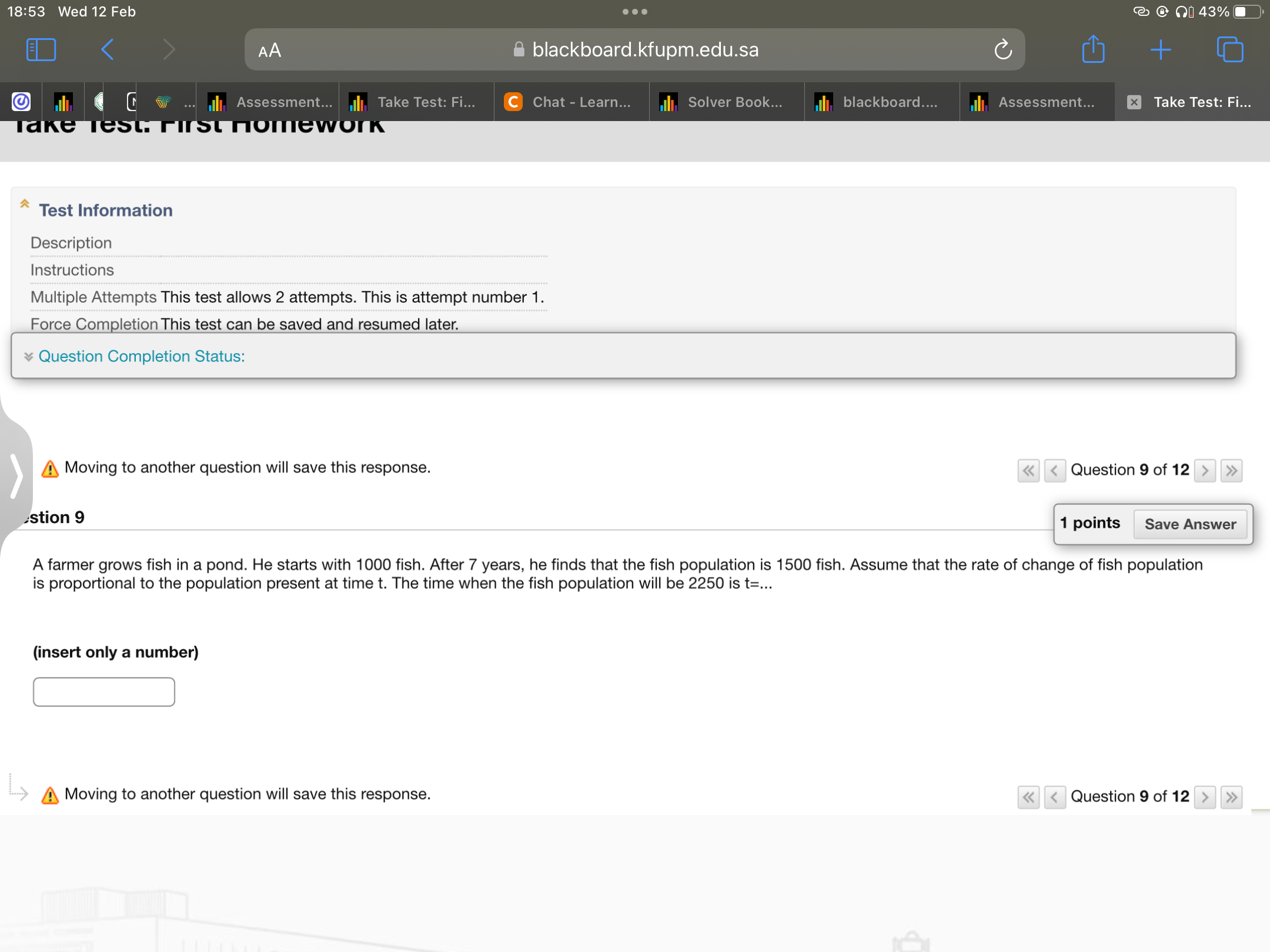 stion 9 A farmer grows fish in a pond. He starts