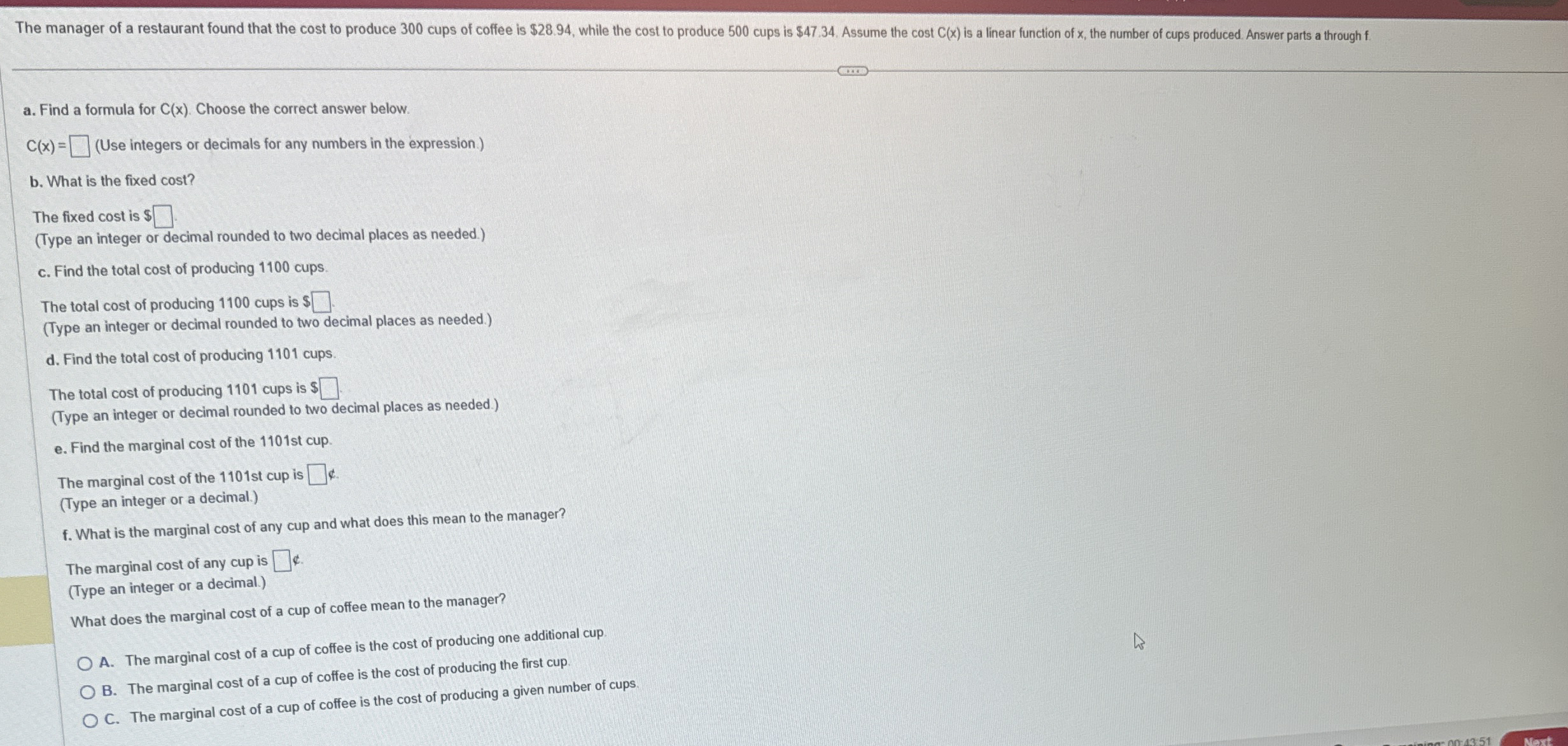 The manager of a restaurant found that the cost