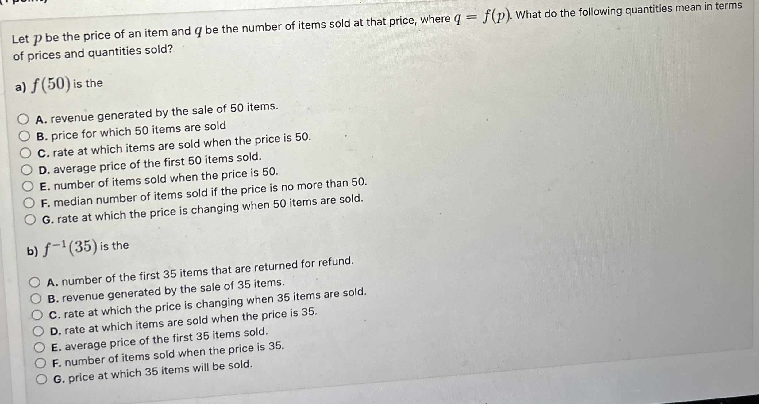 Let p be the price of an item and q be the number