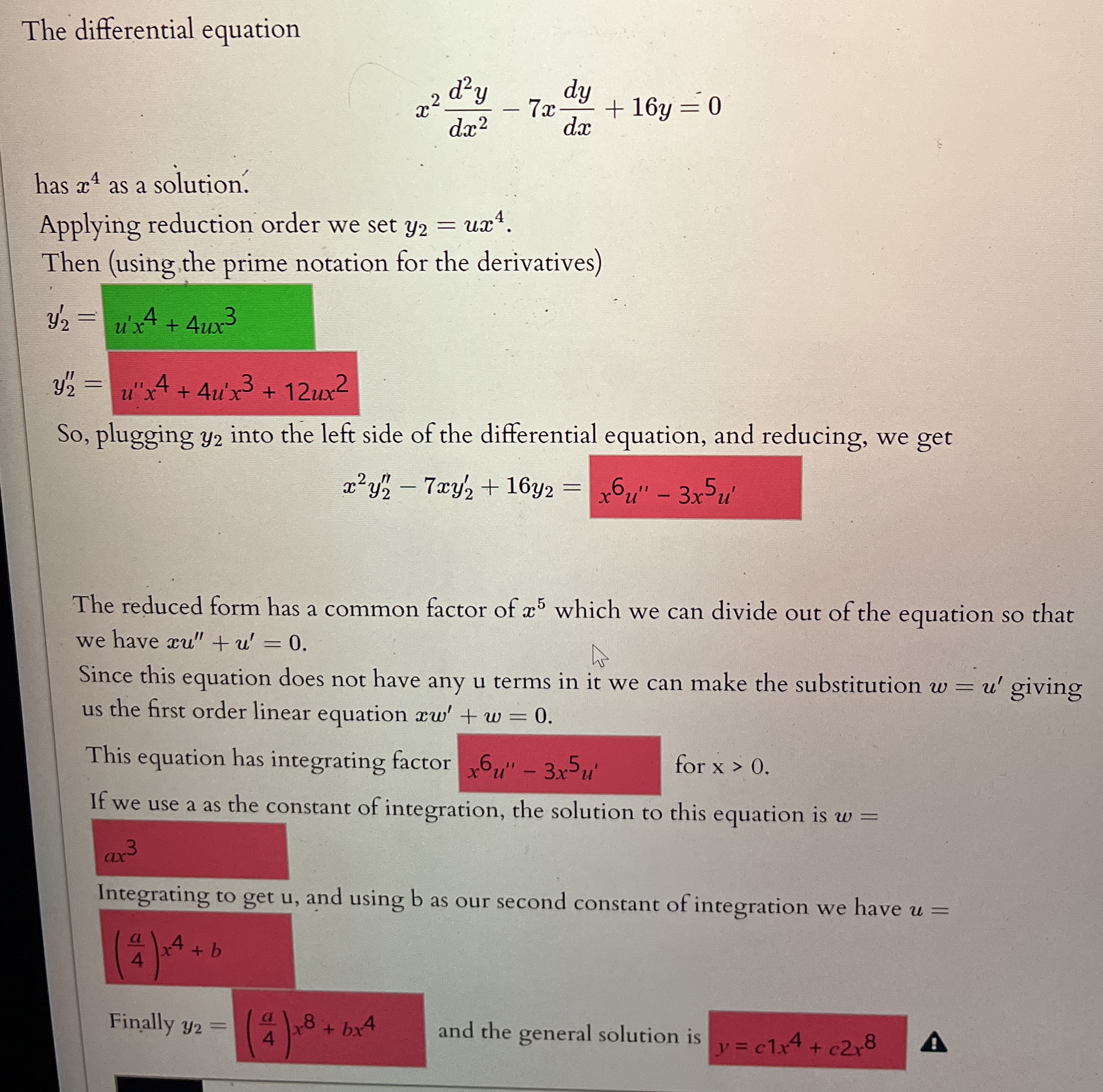 The differential equation x 2 d 2 y d x 2 - 7 x d