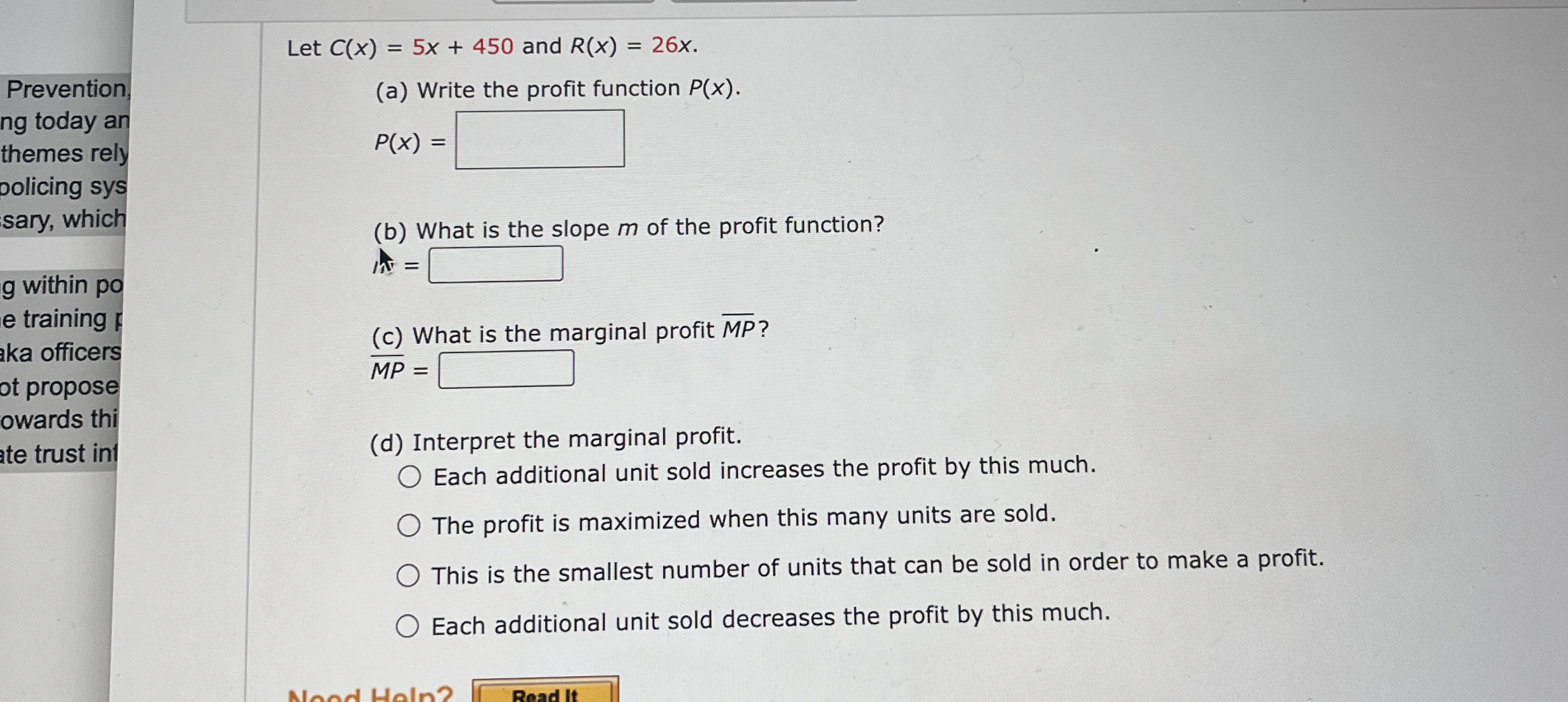Let C ( x ) = 5 x + 4 5 0 and R ( x ) = 2 6 x .