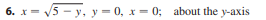 x = \ sqrt ( 5 - y ) , y = 0 , x = 0 ; , about