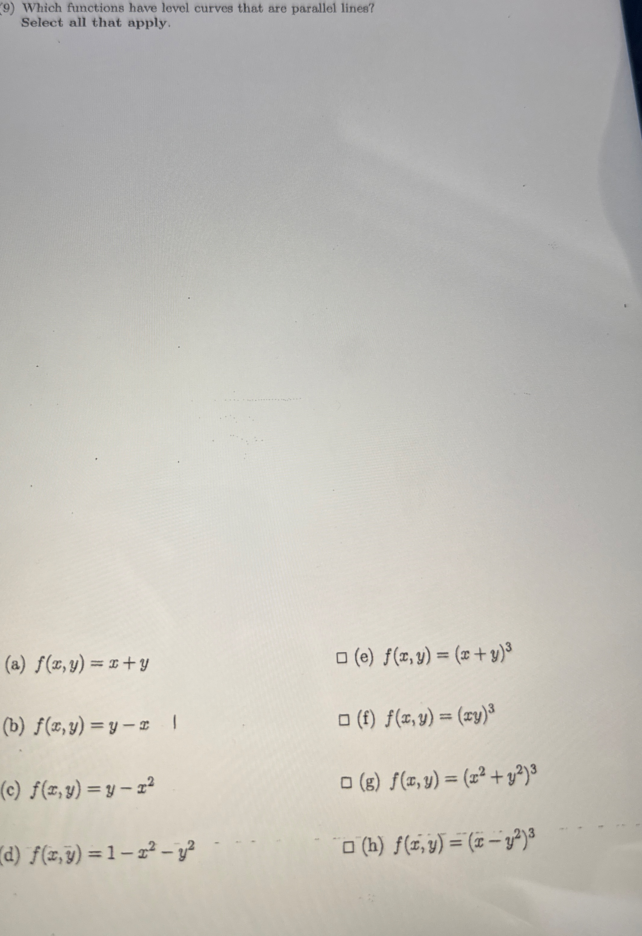 ( 9 ) Which functions have level curves that are