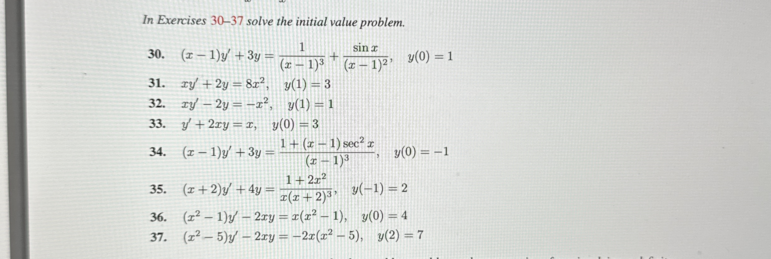 In Exercises 3 0 - 3 7 solve the initial value
