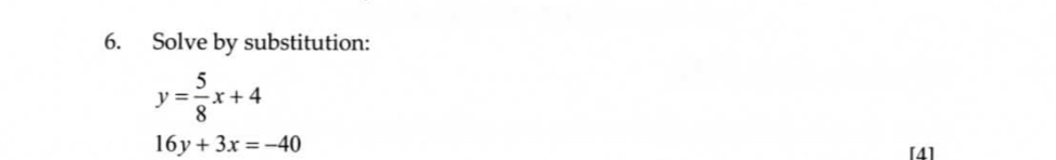 Solve by substitution: y = 5 8 x + 4 1 6 y + 3 x