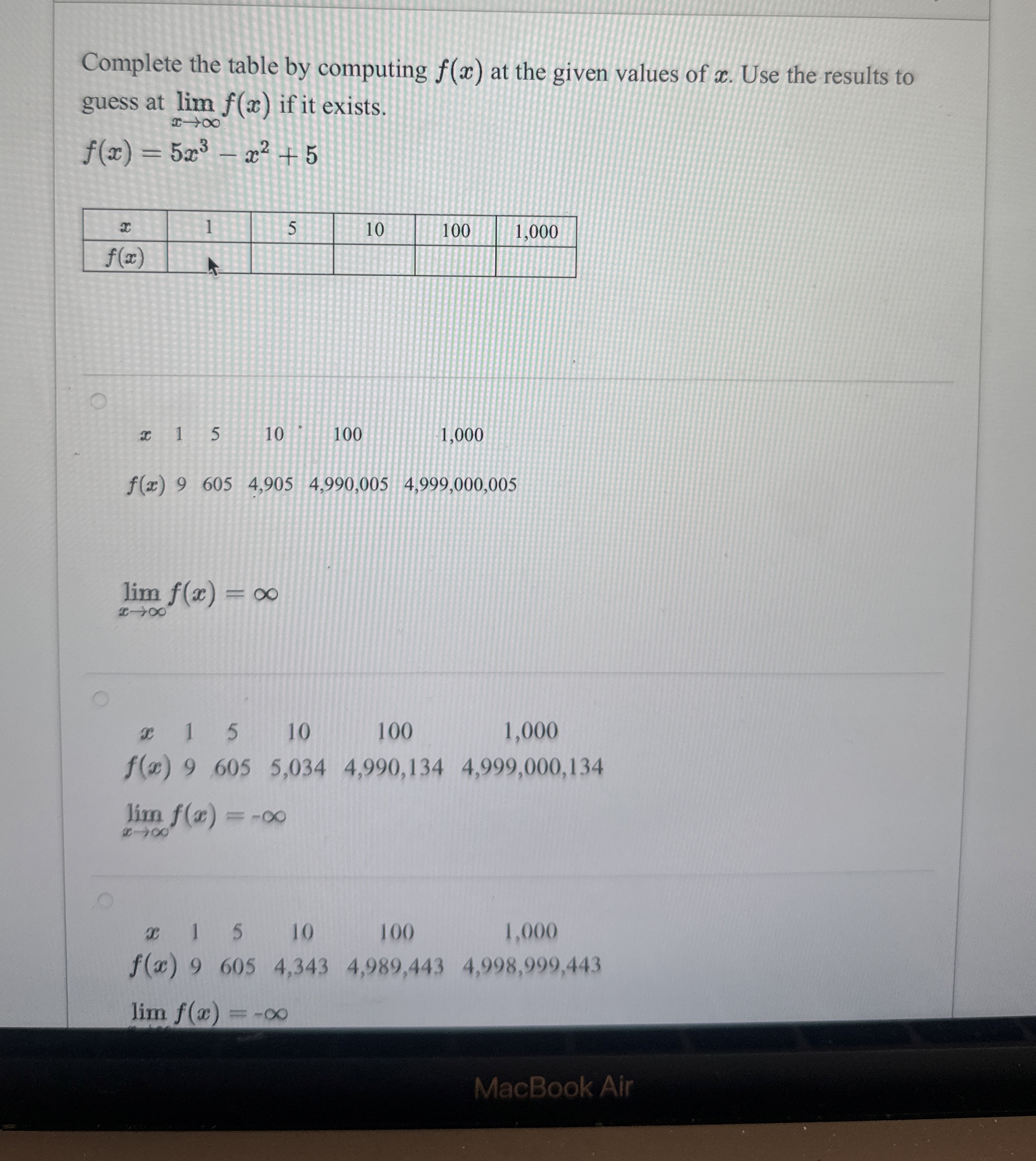 Complete the table by computing f ( x ) at the