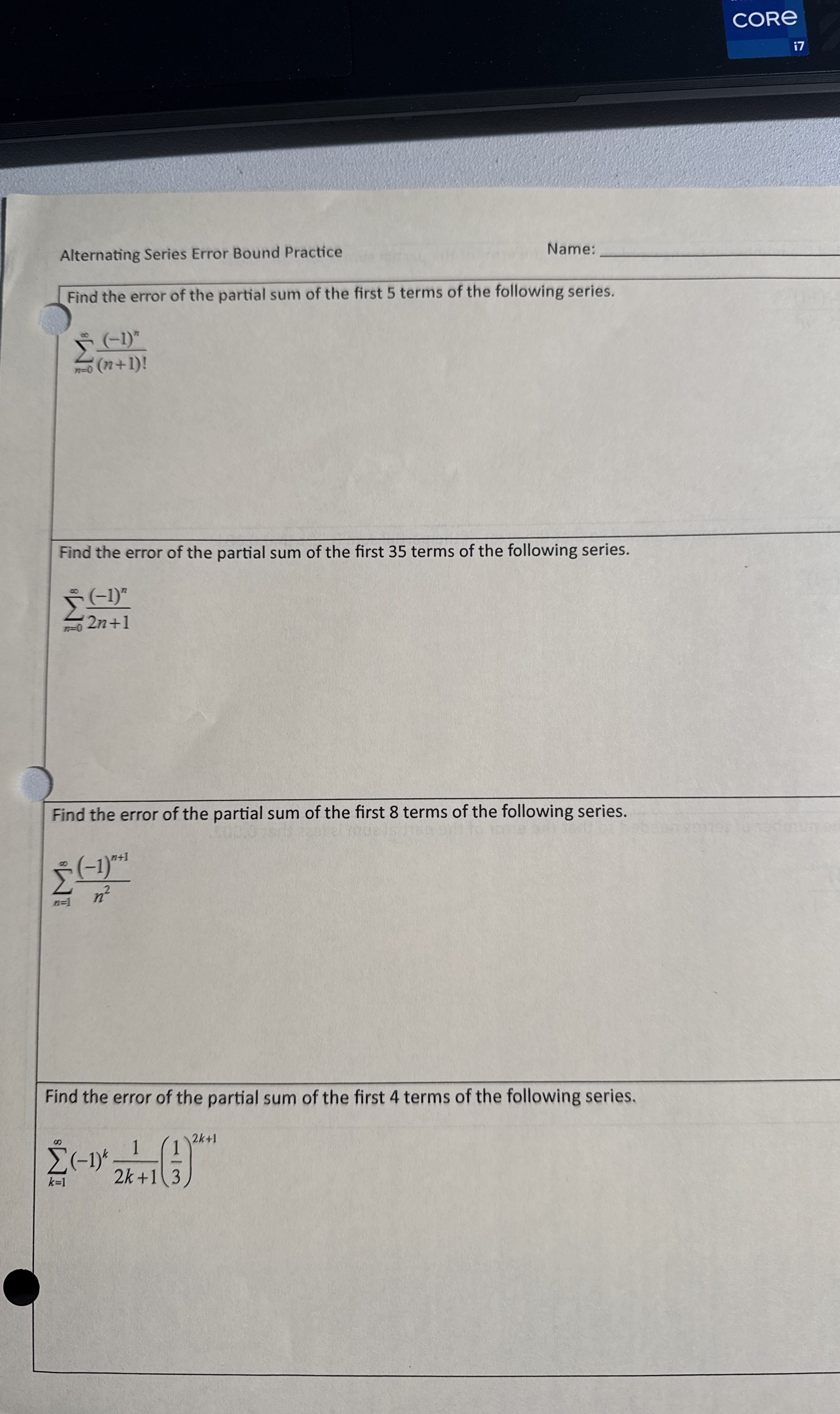 CORE i 7 Alternating Series Error Bound Practice