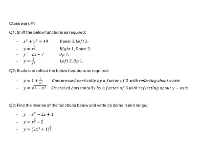 Class work 1 1 Q 1 : Shift the belaw functions as