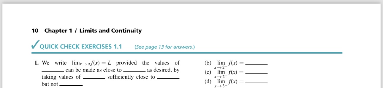 1 0 Chapter 1 ? Limits and Continuity QUICK CHECK