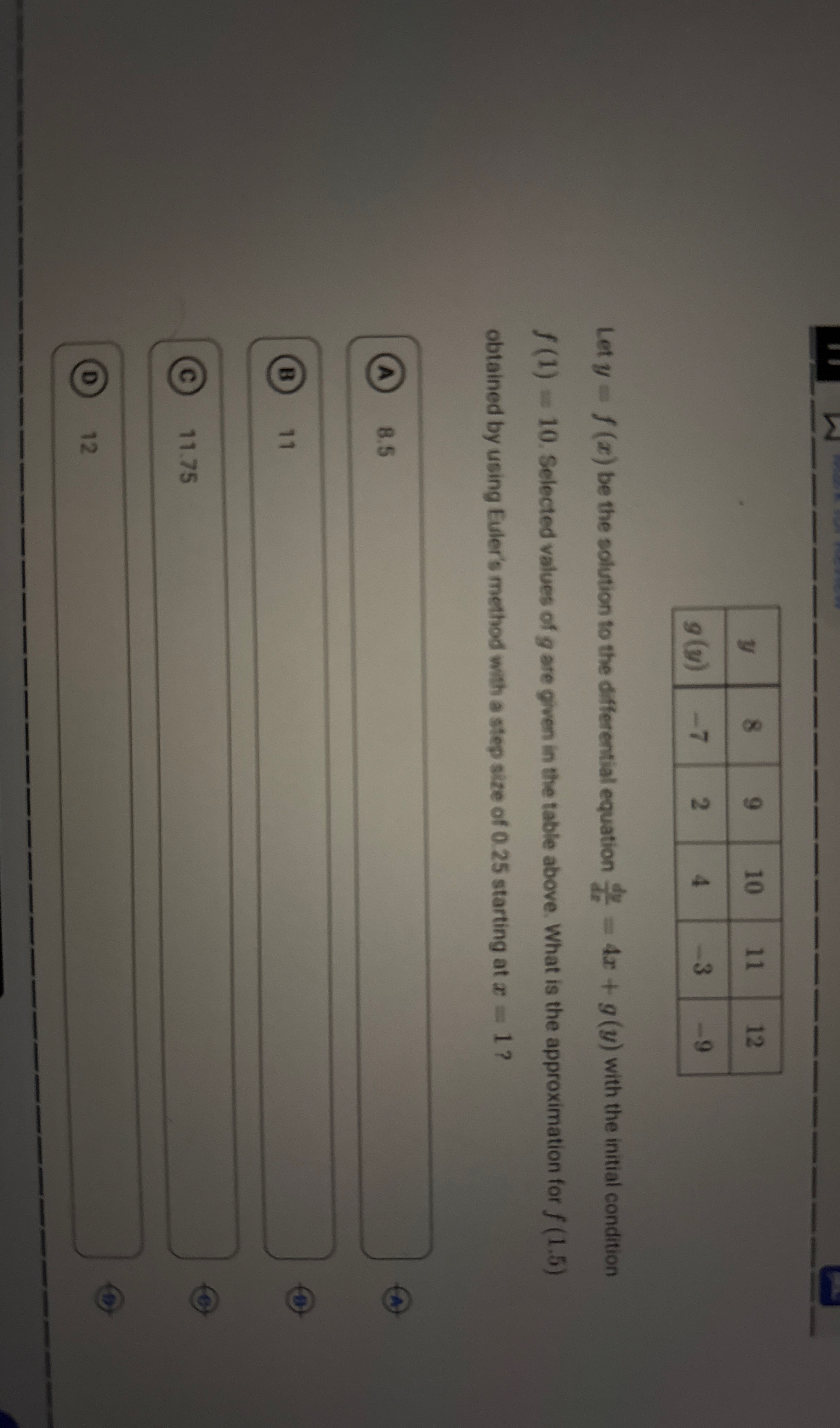 \ table [ [ y , 8 , 9 , 1 0 , 1 1 , 1 2 ] , [ g (