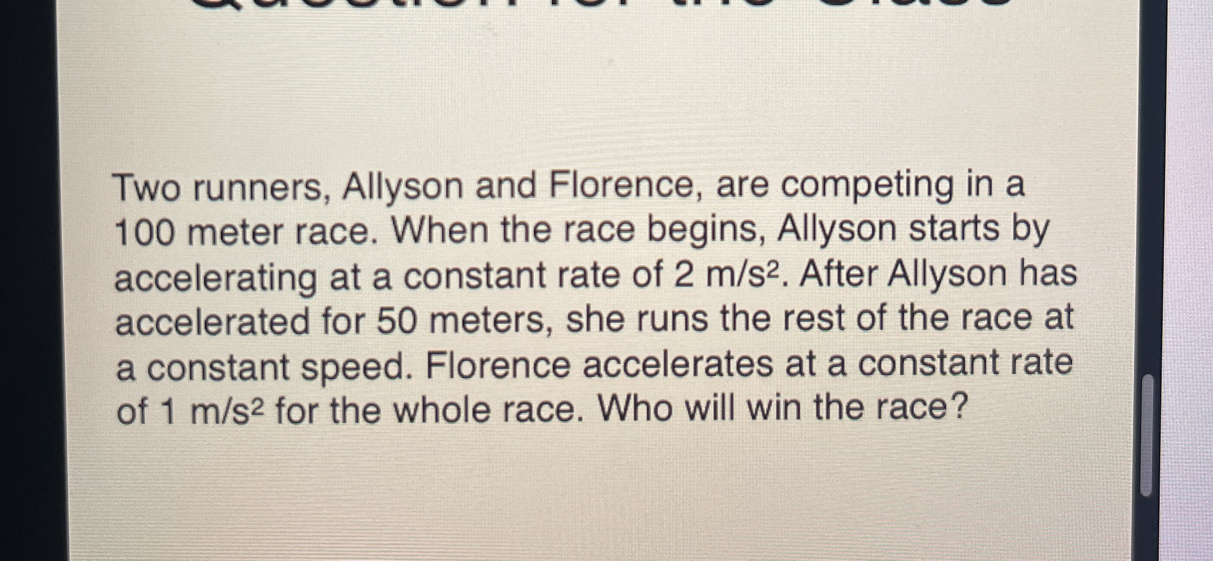 Two runners, Allyson and Florence, are competing