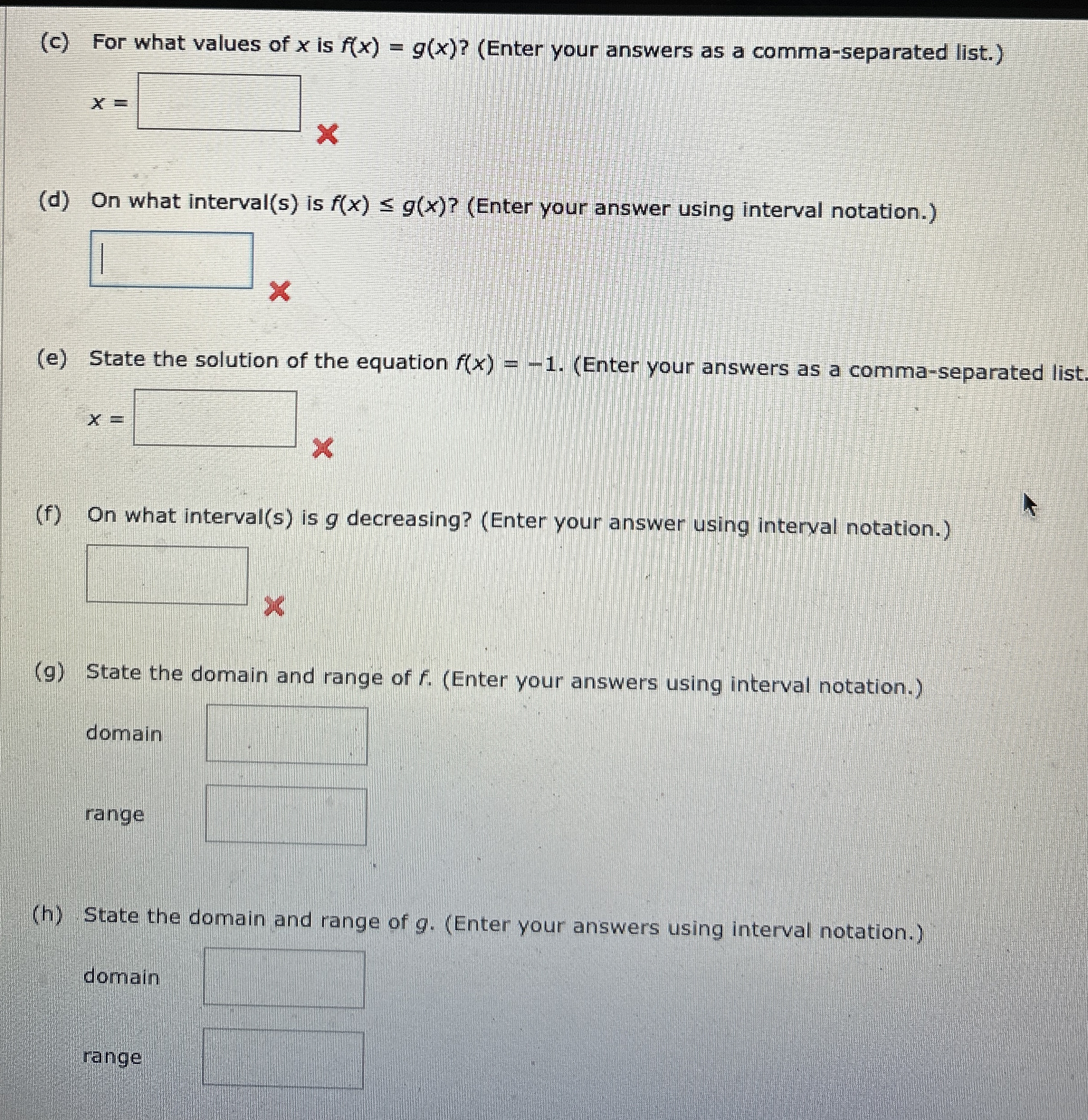 ( c ) For what values of x is f ( x ) = g ( x ) ?