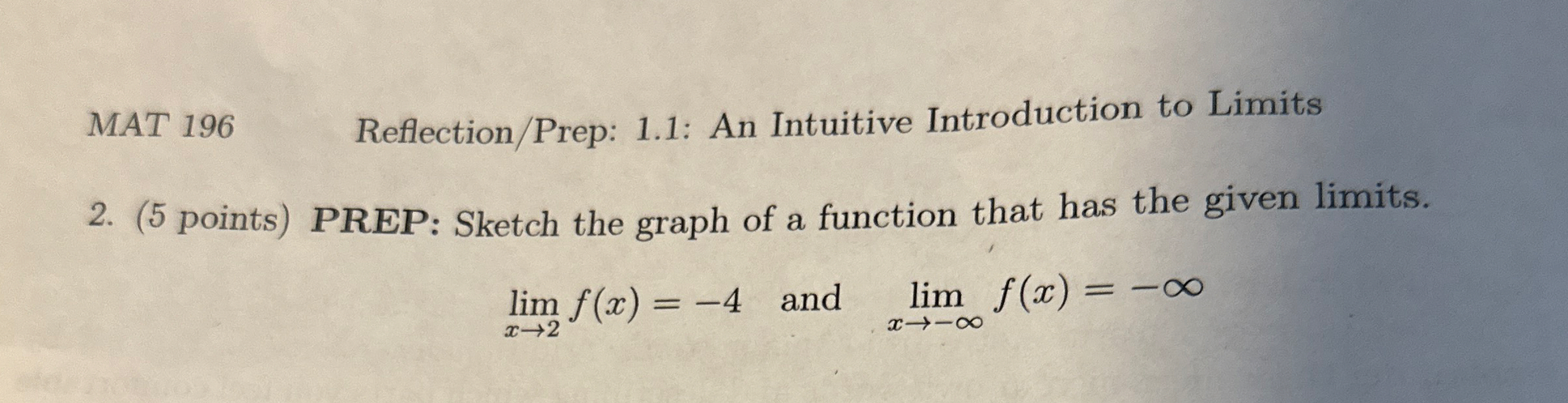 MAT 1 9 6 Reflection / Prep: 1 . 1 : An Intuitive