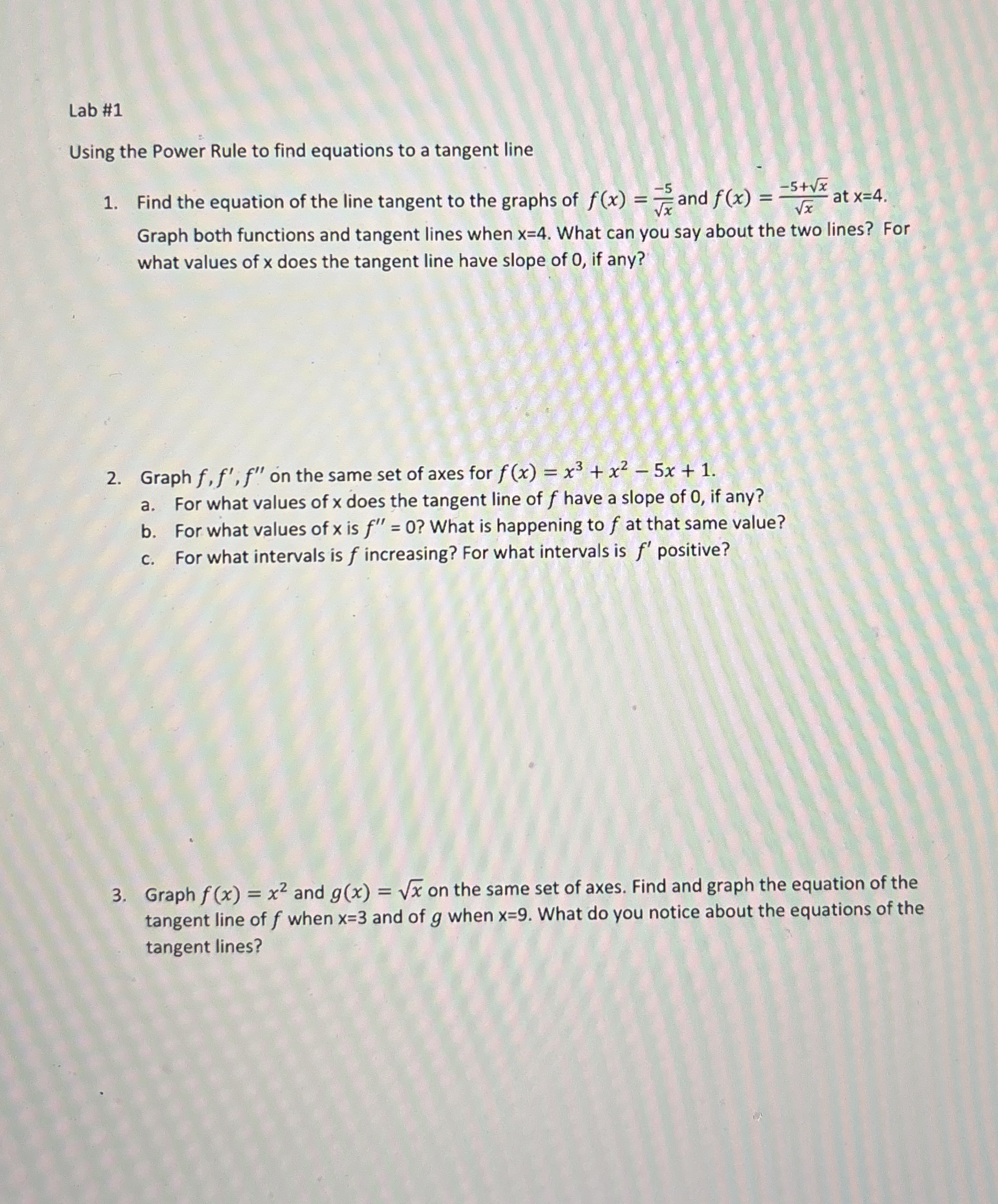 Lab # 1 Using the Power Rule to find equations to