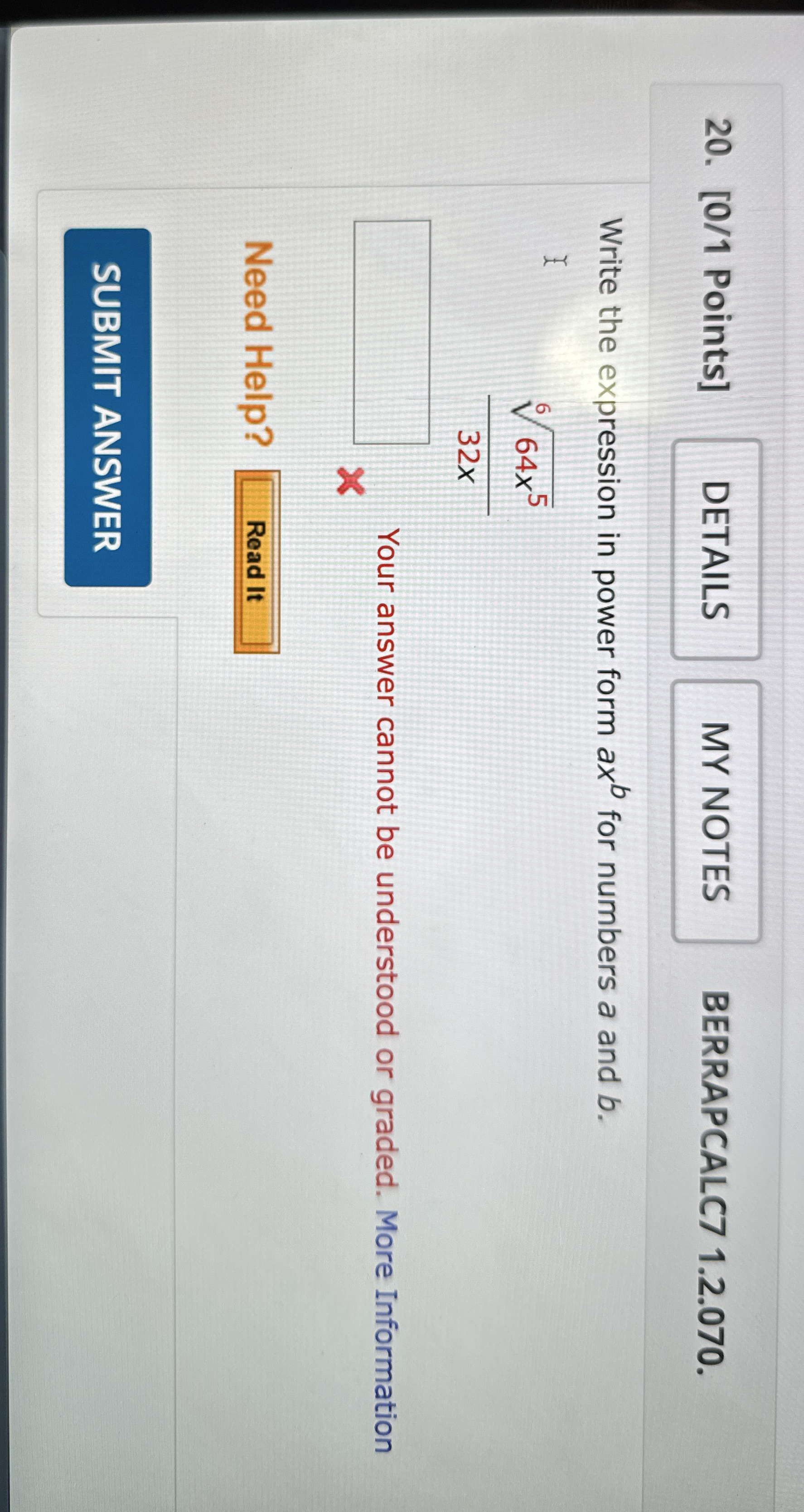 Write the expression in power form a x b for