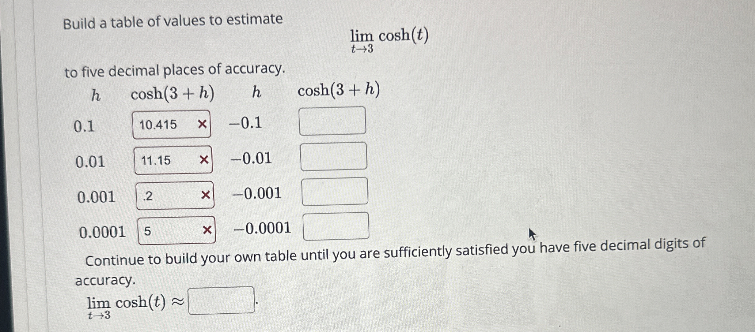 Build a table of values to estimate lim t 3 c o s