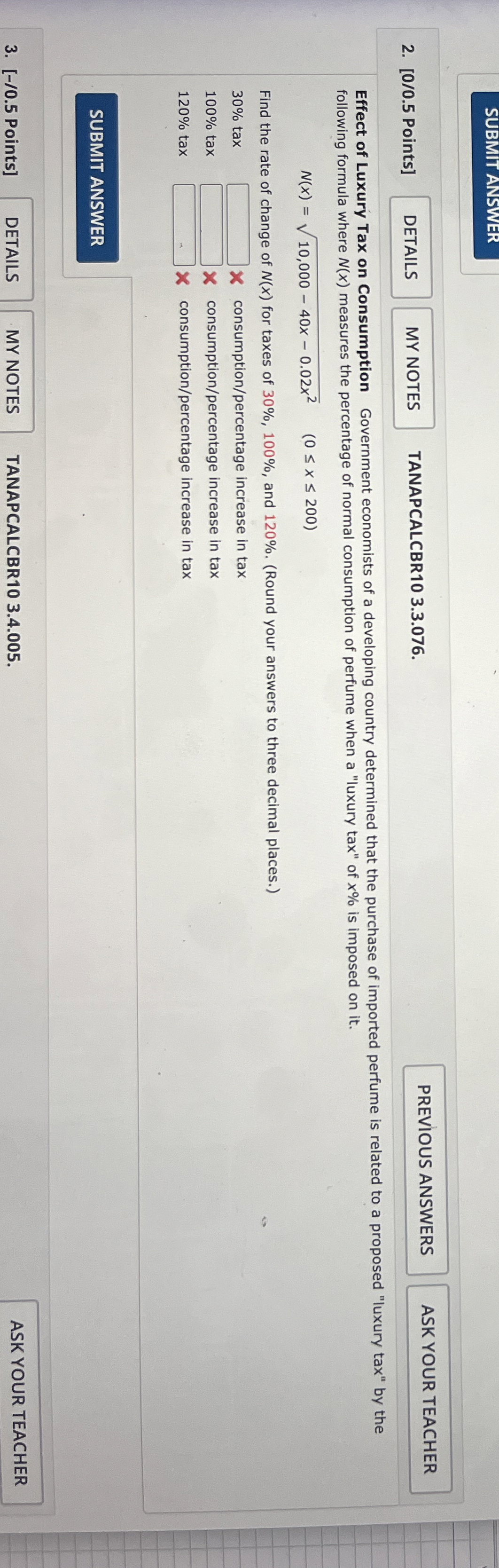 SUBMIT ANSWER 2 . [ 0 / 0 . 5 Points ]