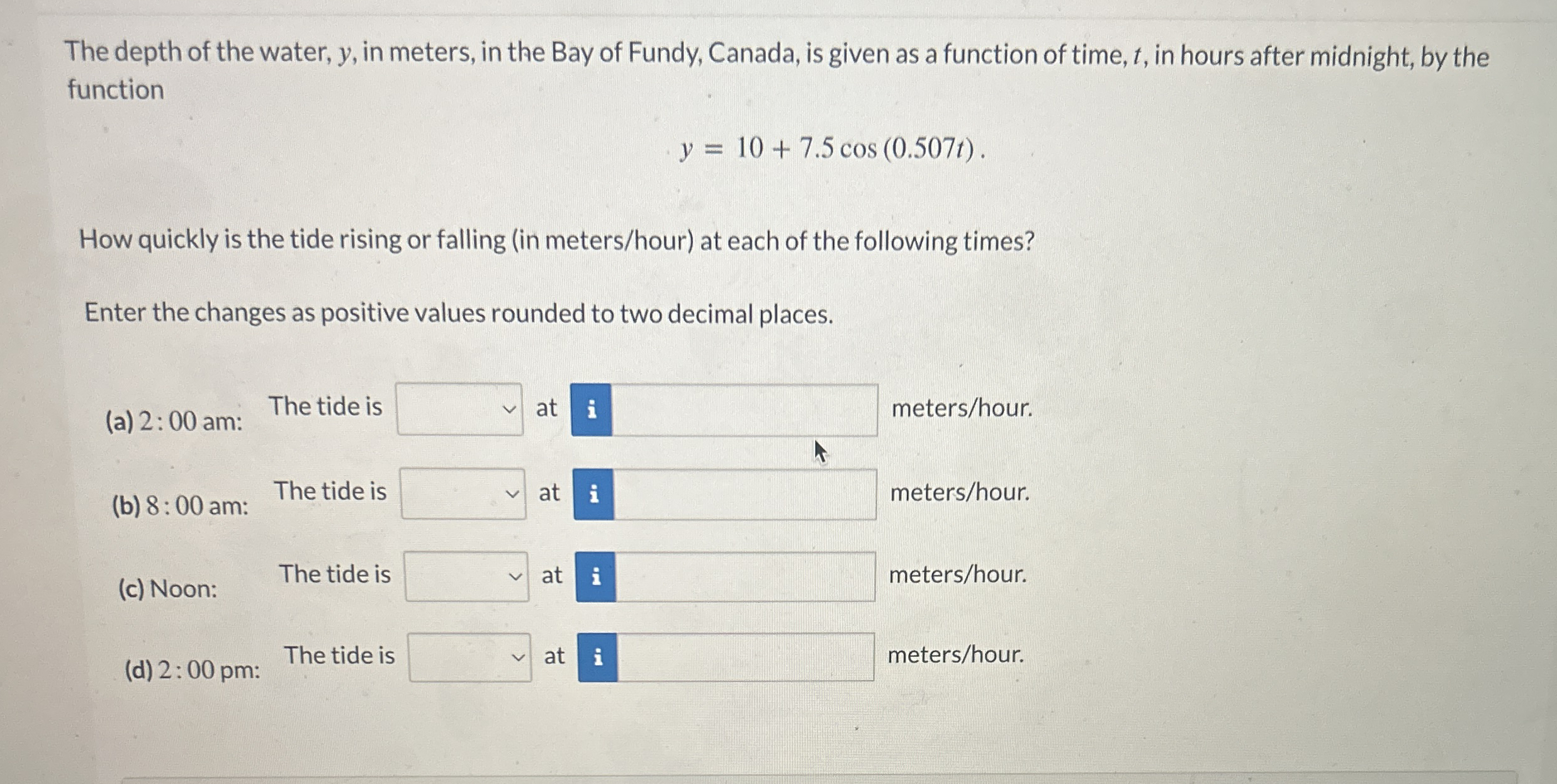 The depth of the water, y , in meters, in the Bay