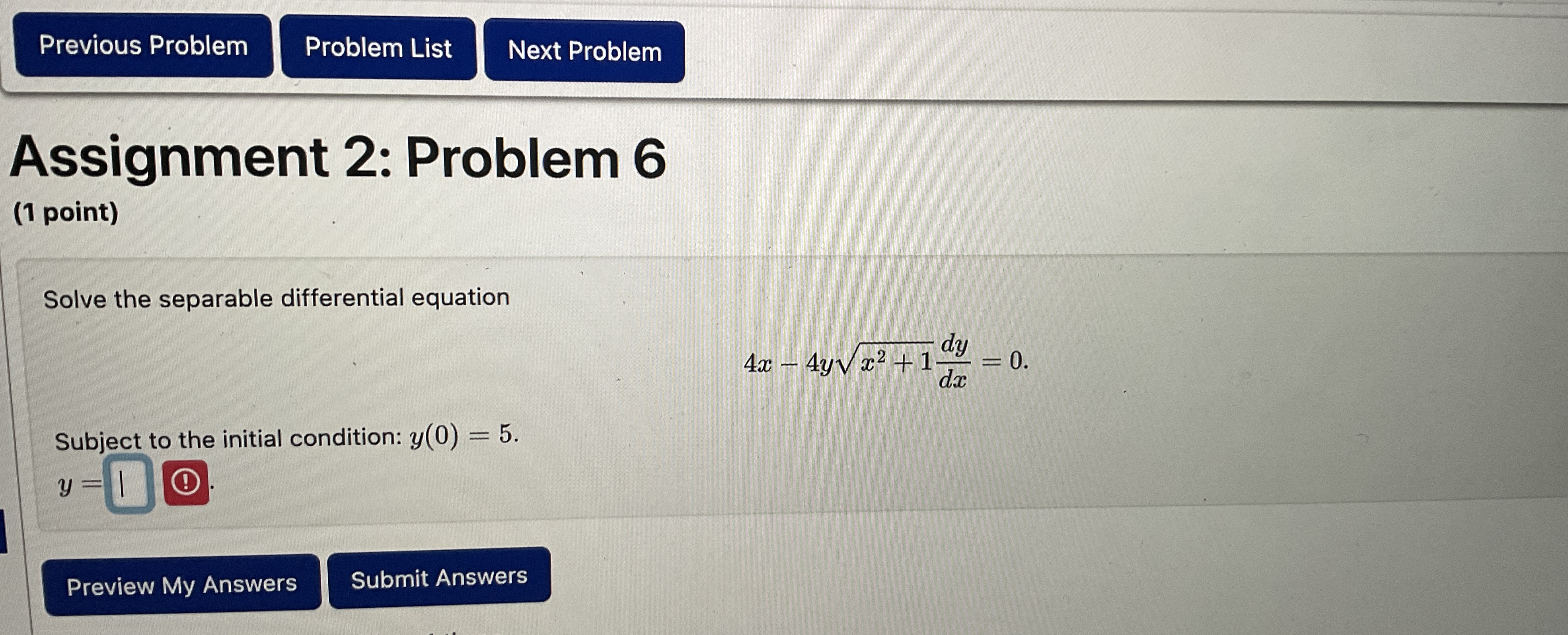 Assignment 2 : Problem 6 ( 1 point ) Solve the