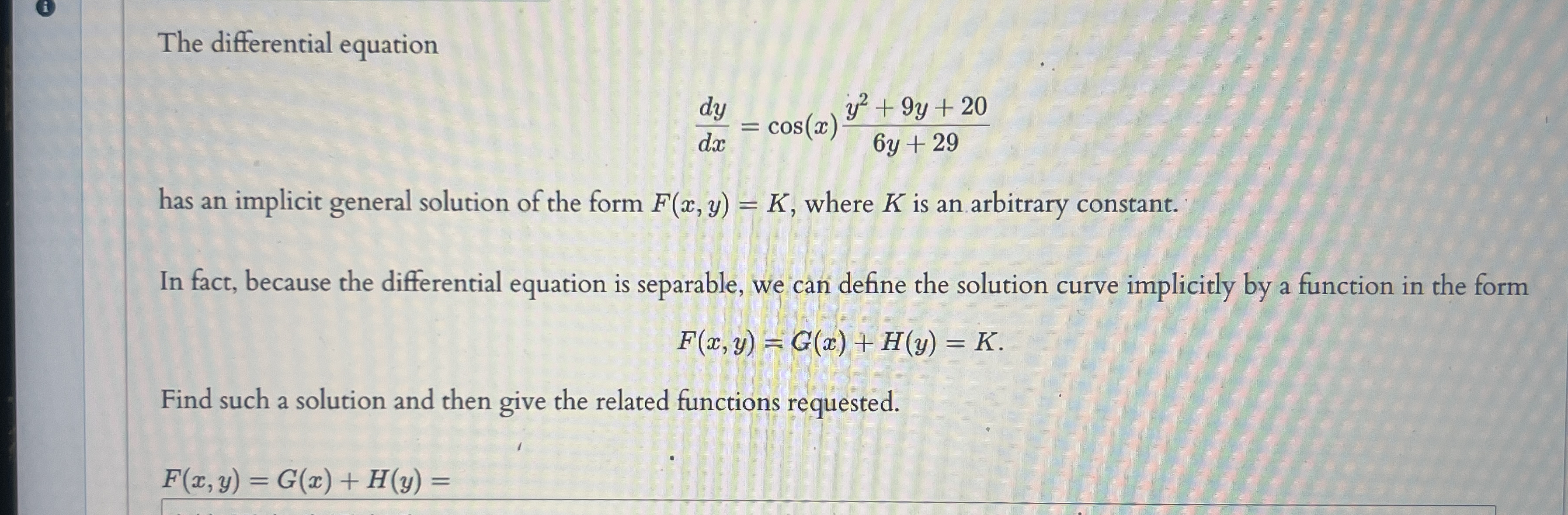 The differential equation d y d x = c o s ( x ) y