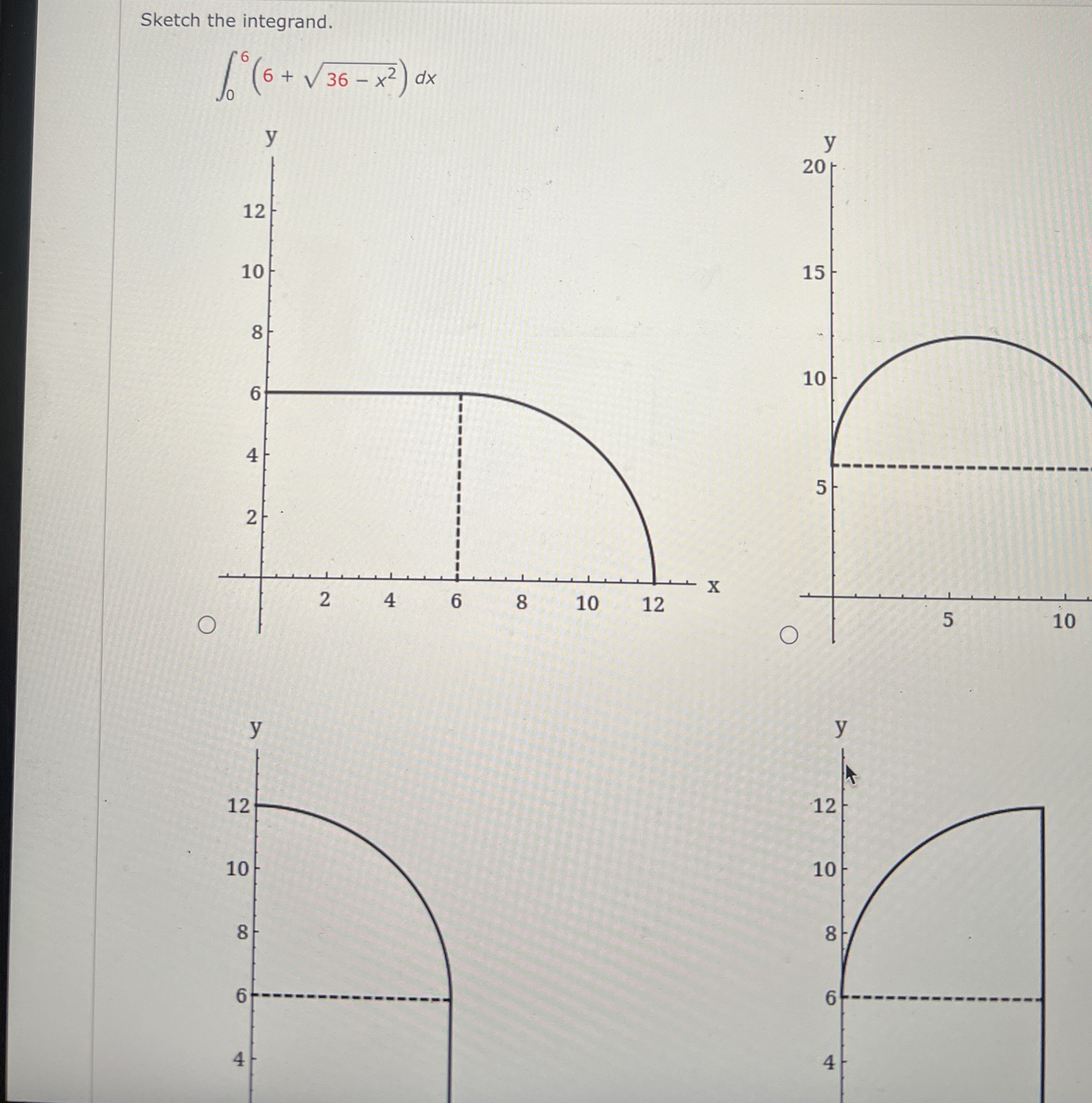 Sketch the integrand. 0 6 ( 6 + 3 6 - x 2 2 ) d x