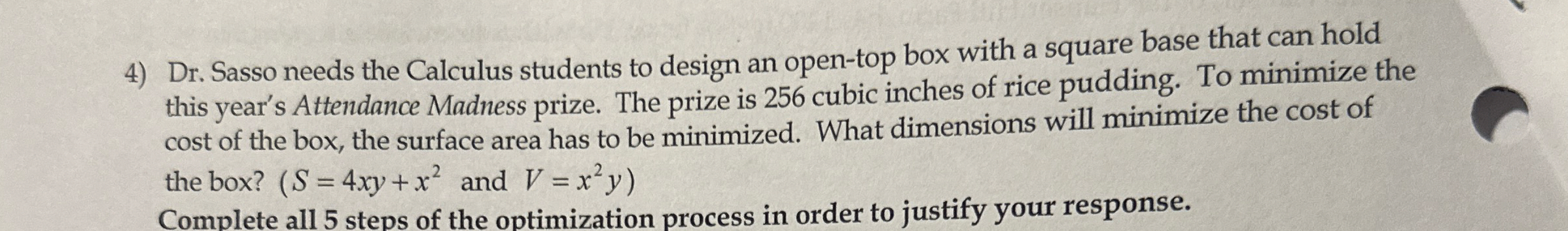 Dr . Sasso needs the Calculus students to design