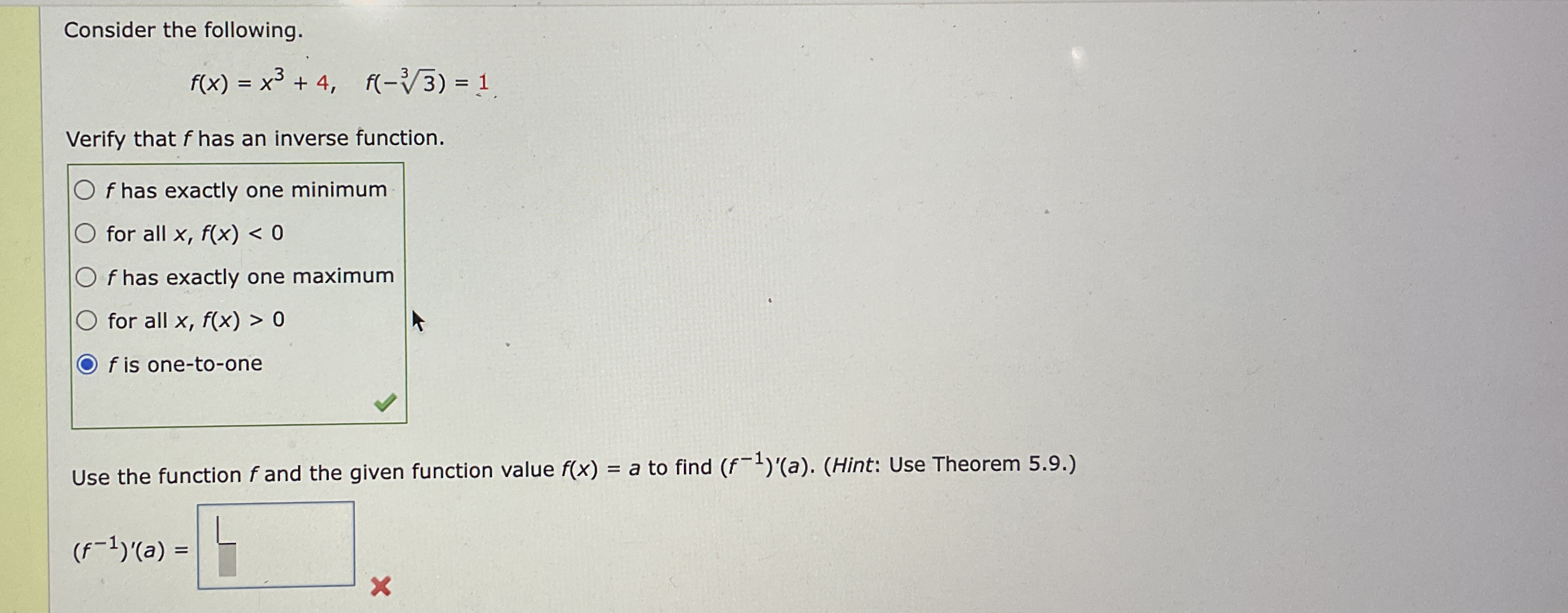 Consider the following. f ( x ) = x 3 4 , f ( - 3