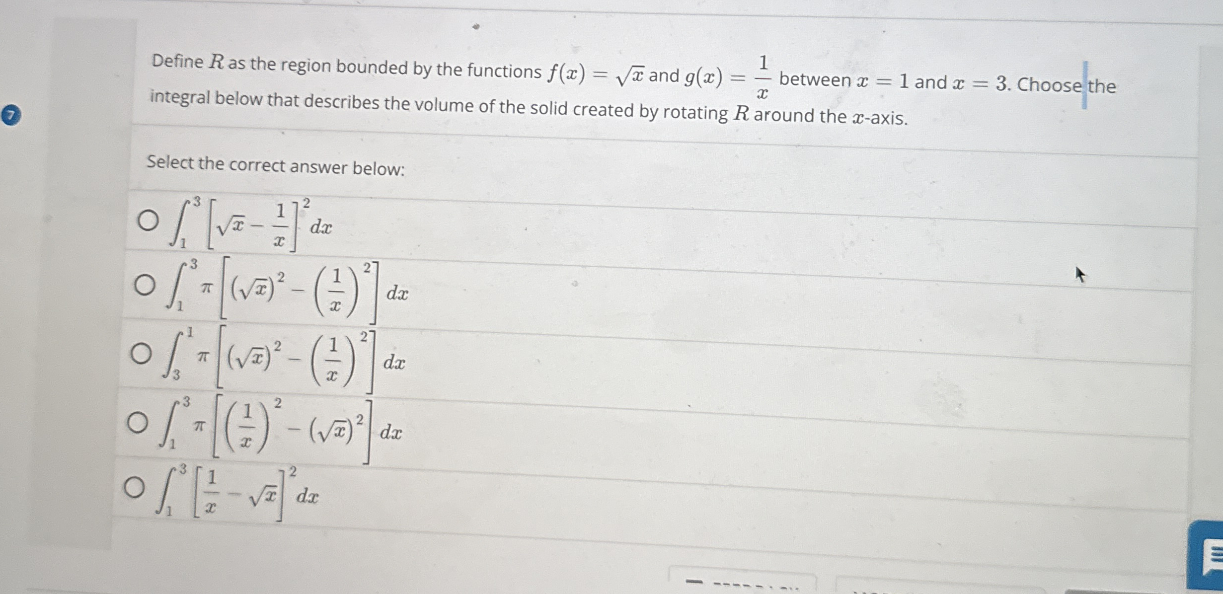 Define R as the region bounded by the functions f