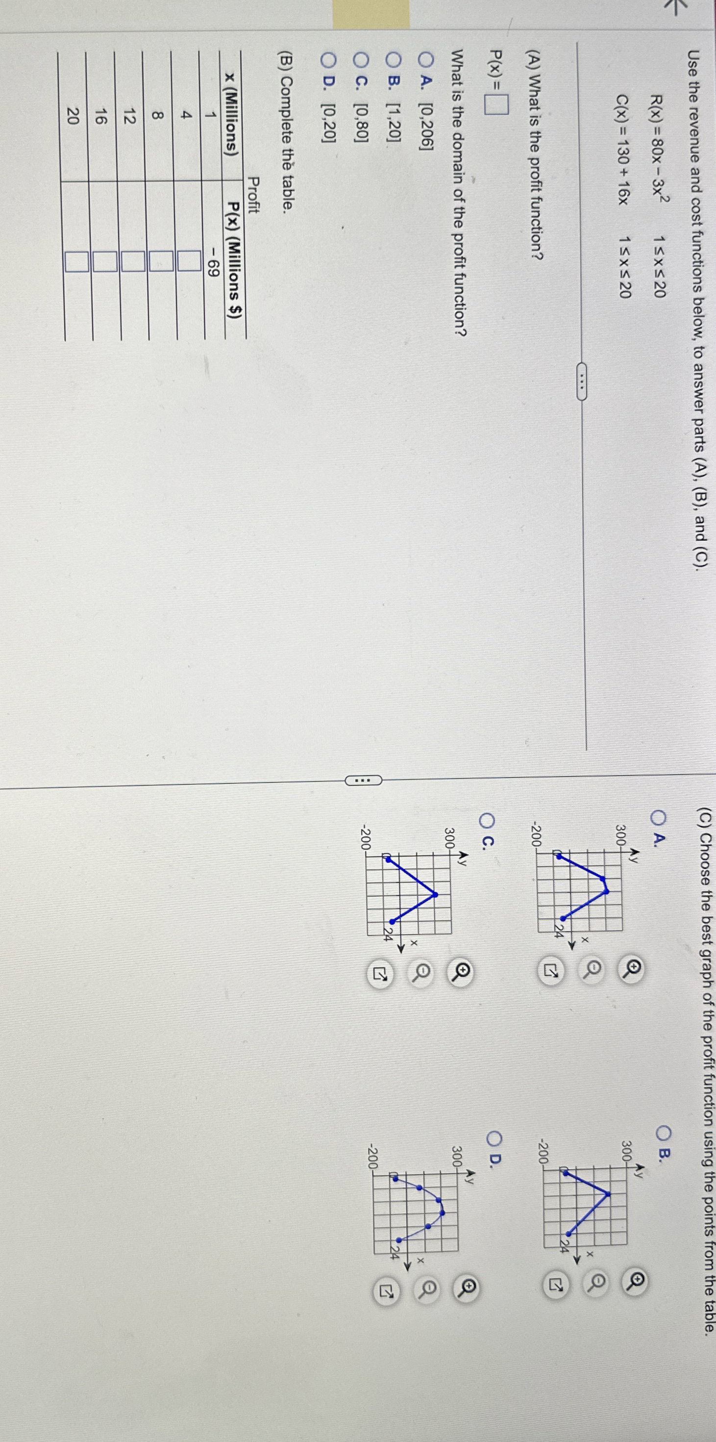 Use the revenue and cost functions below, to
