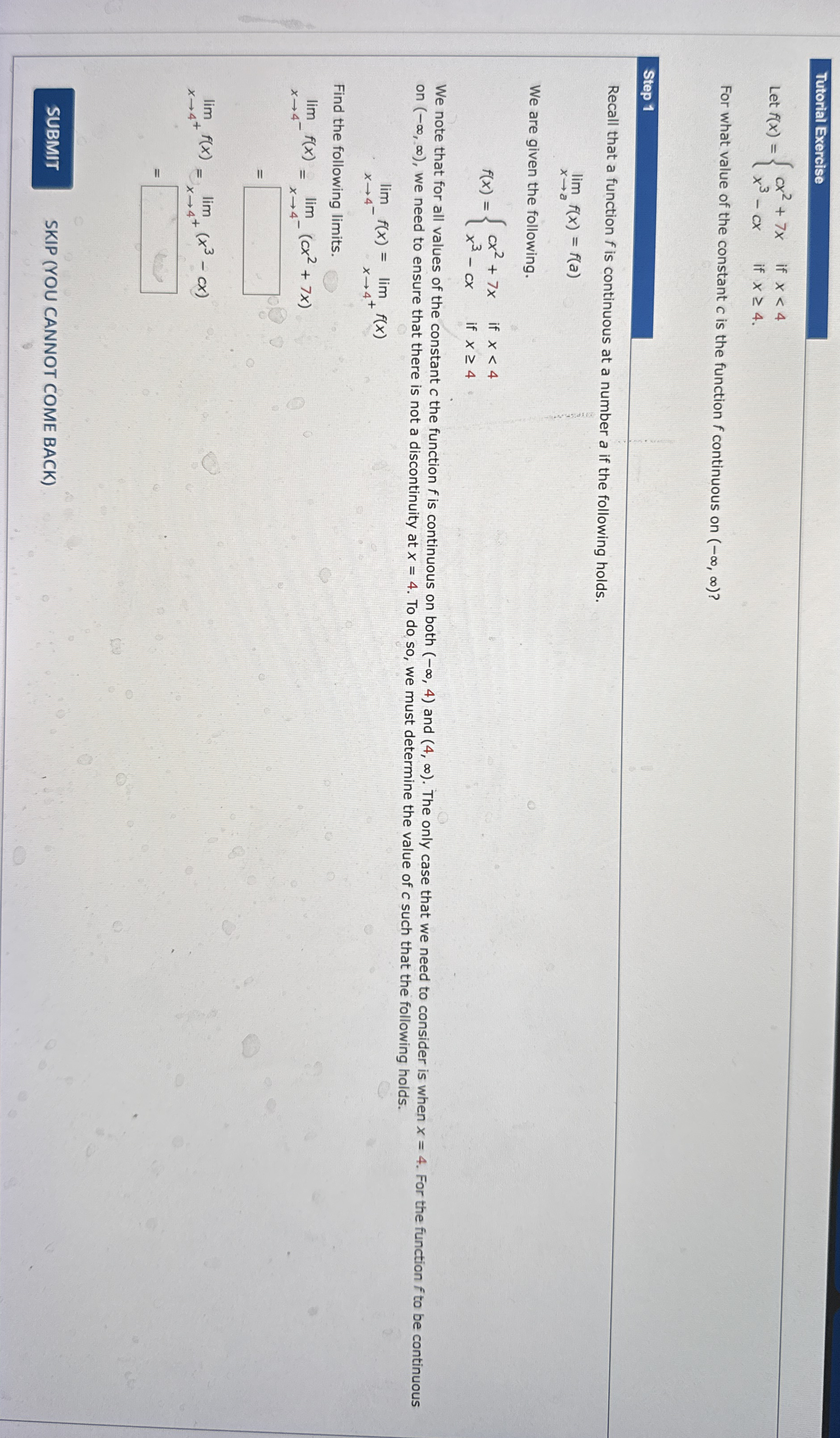 Tutorial Exercise Let f ( x ) = { c x 2 7 x i f x