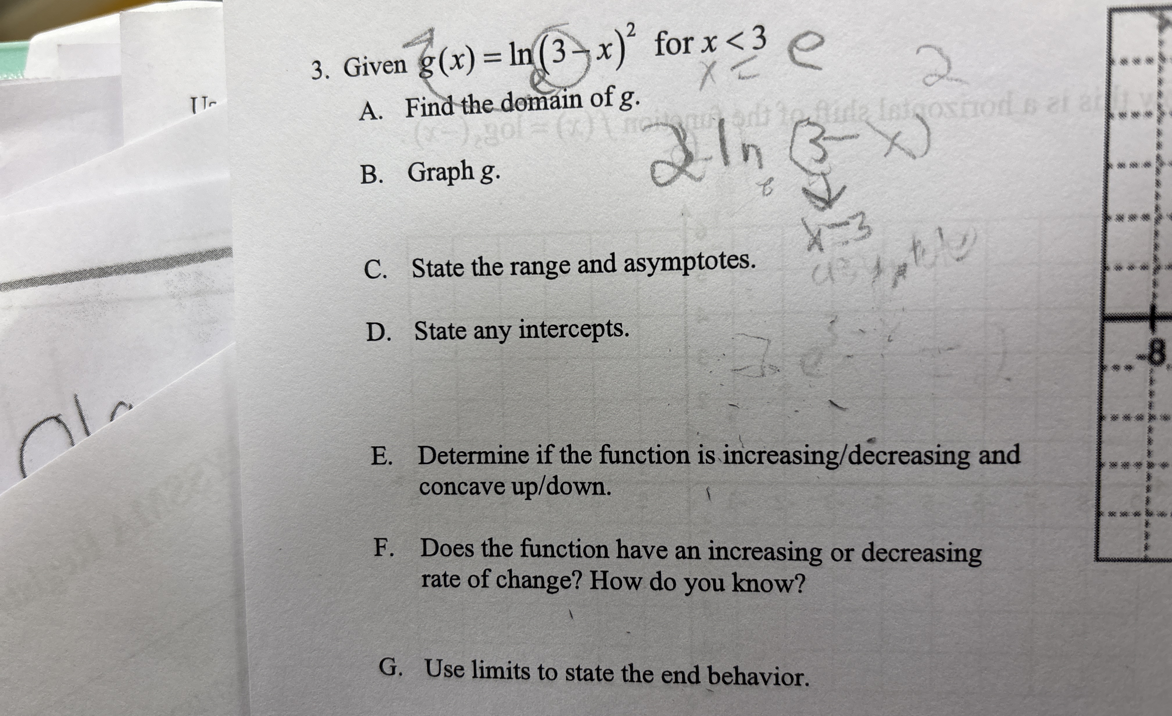 Given g ( x ) = l n ( 3 - x ) 2 for x < 3 T T A .