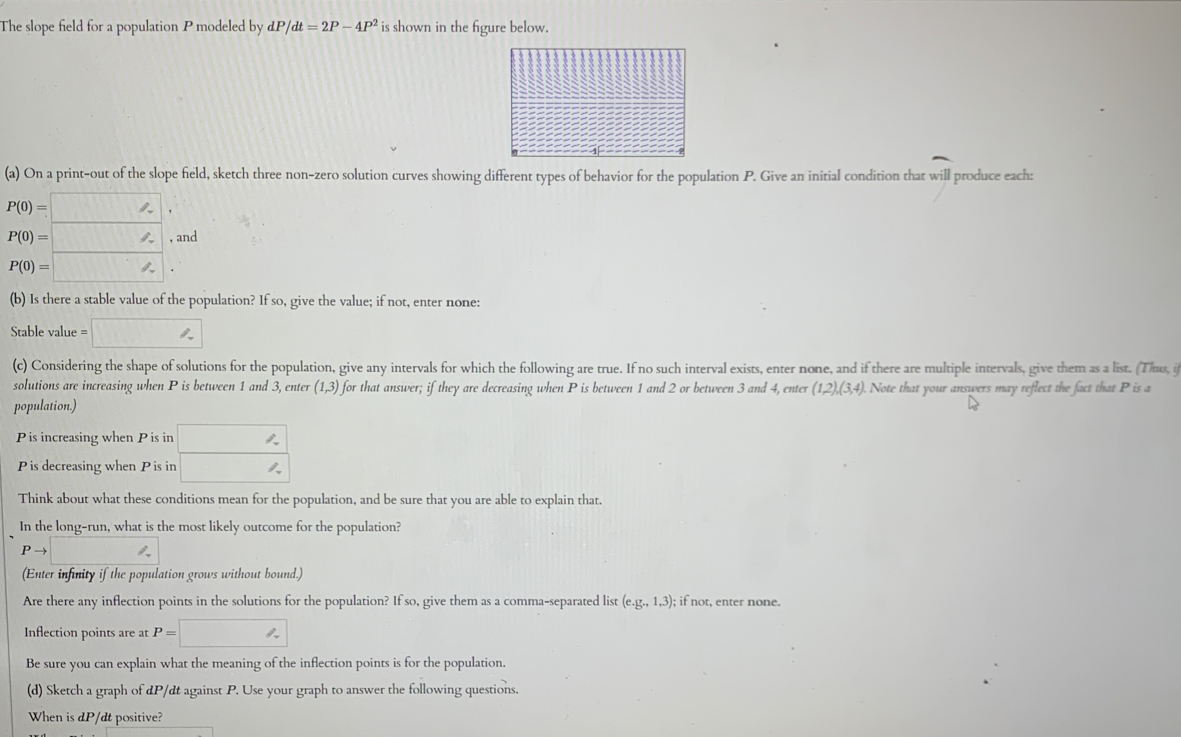 The slope field for a population P modeled by d P