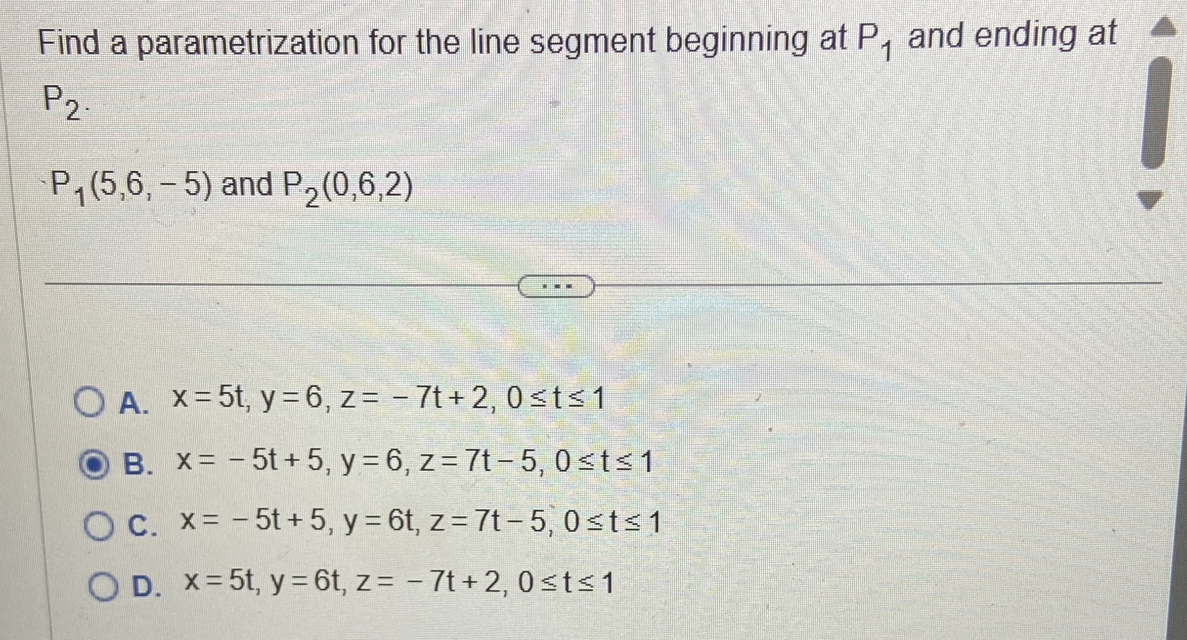 Find a parametrization for the line segment