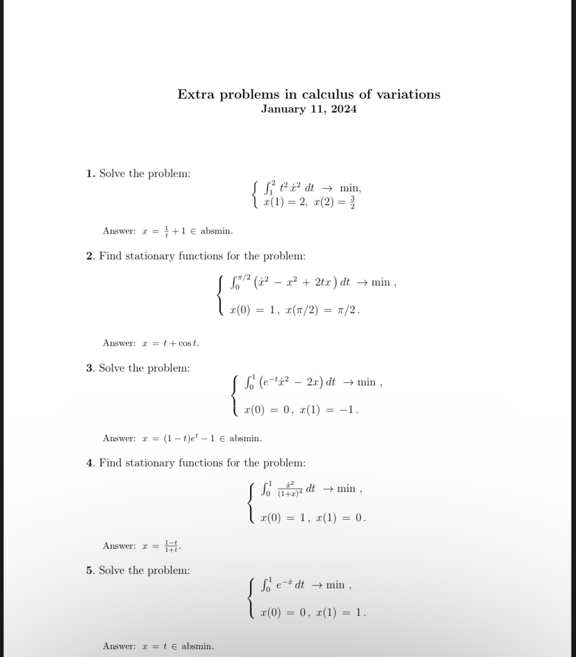 Extra problems in calculus of variations January