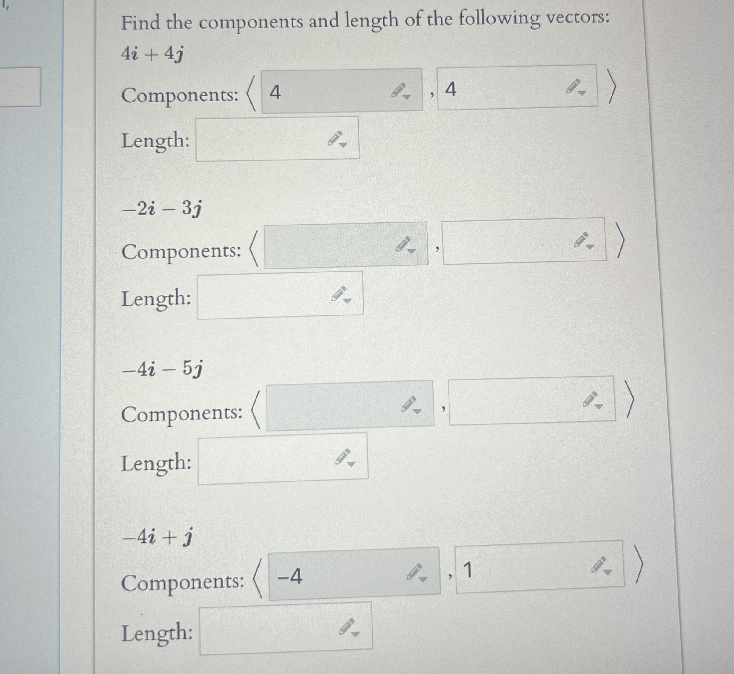 Find the components and length of the following
