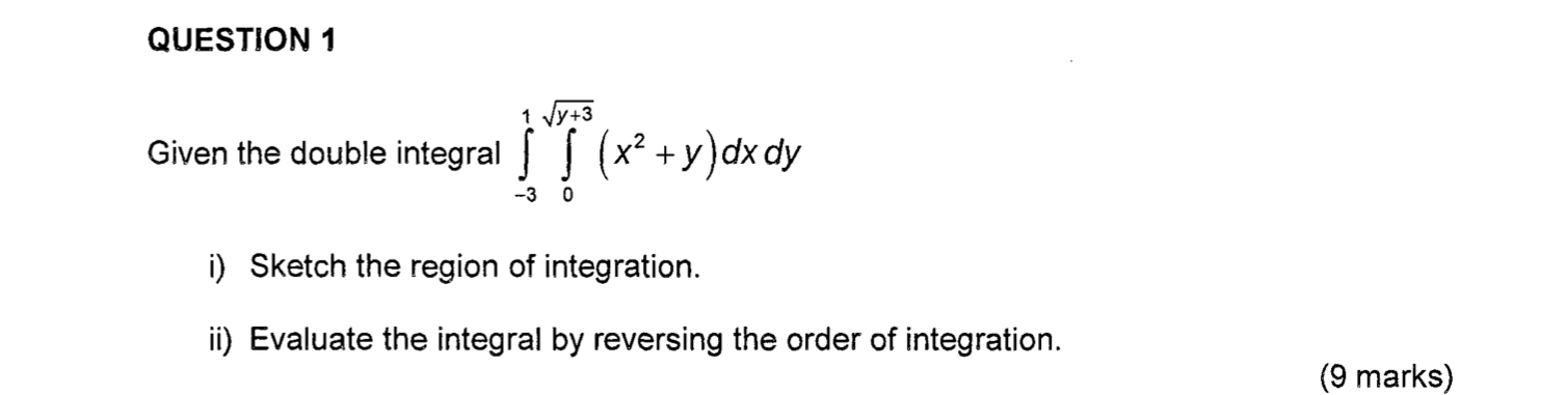 QUESTION 1 Given the double integral - 3 1 0 y +