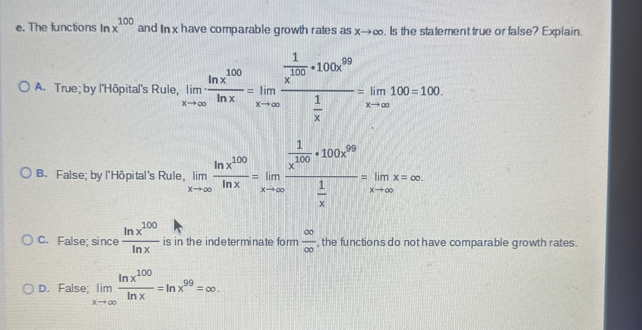 e . The functions l n x 1 0 0 and l n x have