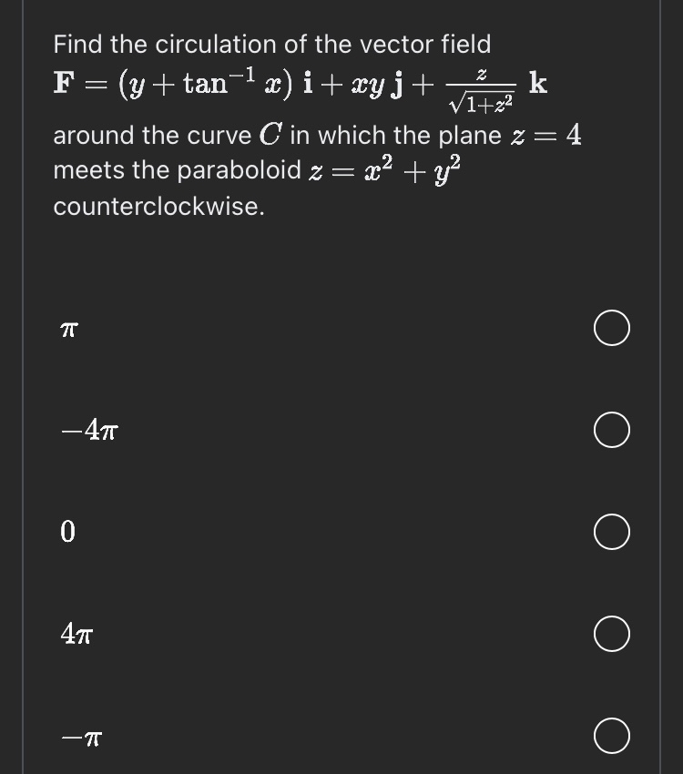 Find the circulation of the vector field F = ( y